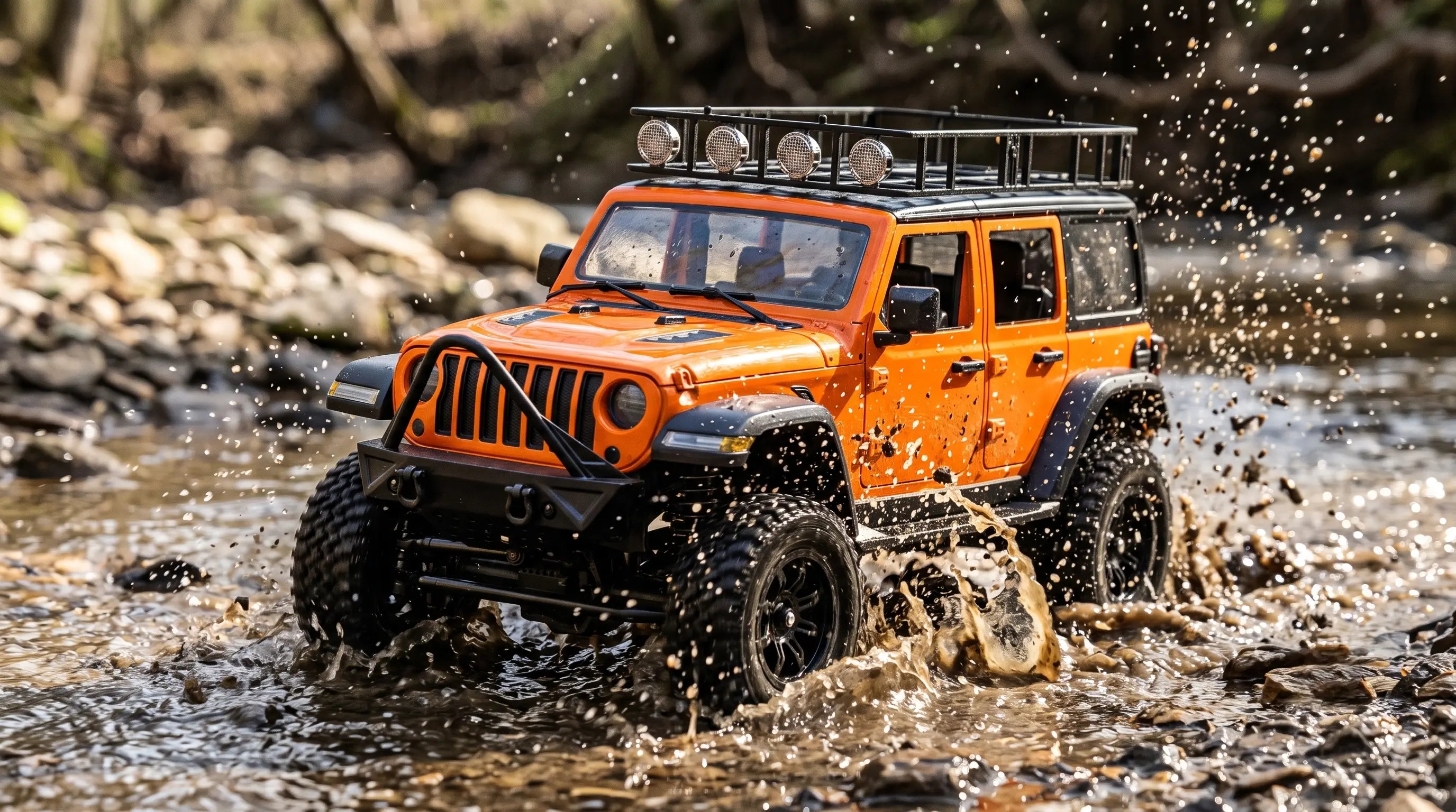 A close-up macro engineering shot of the high-impact nylon composite black off-road front bumper, featuring the signature forward-leaning stinger bar and symmetrically placed D-ring shackles on the PlayPulse MN128 rock crawler.