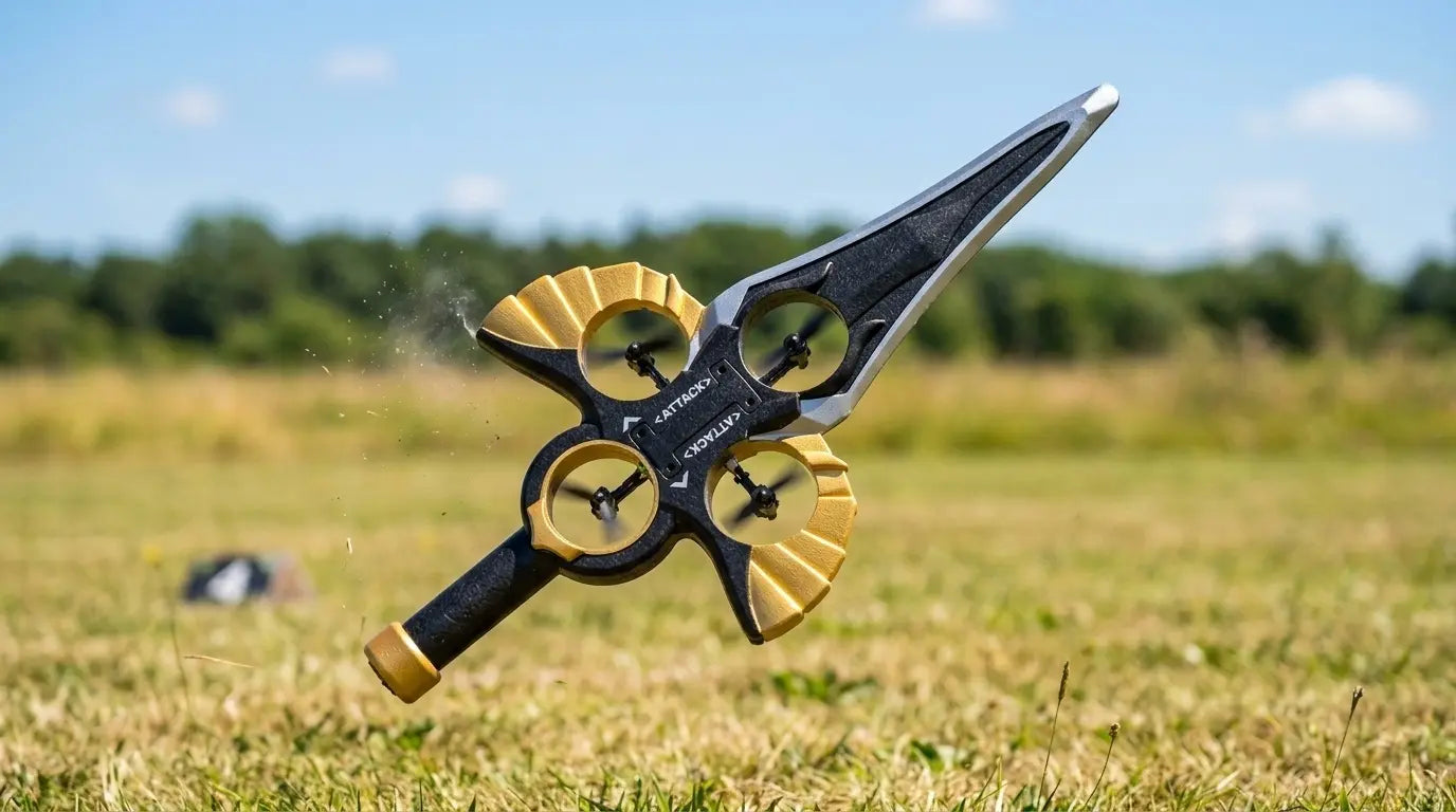 The Stunt Flying Sword - a remote-controlled outdoor flying toy in black and gold, hovering above a grassy field.