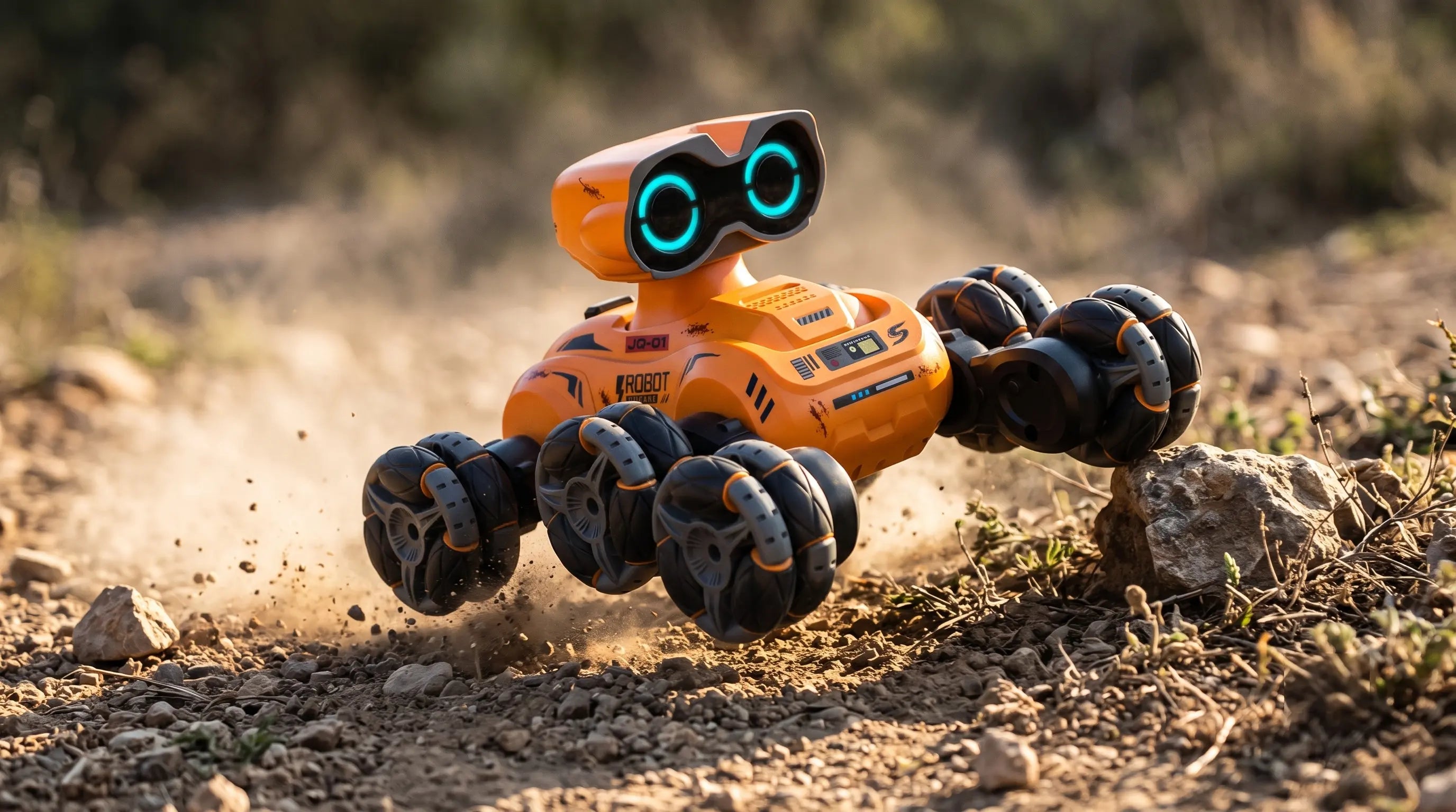 8-wheel bionic RC stunt car executing a high-torque 360-degree flip maneuver on a rugged off-road dirt path.