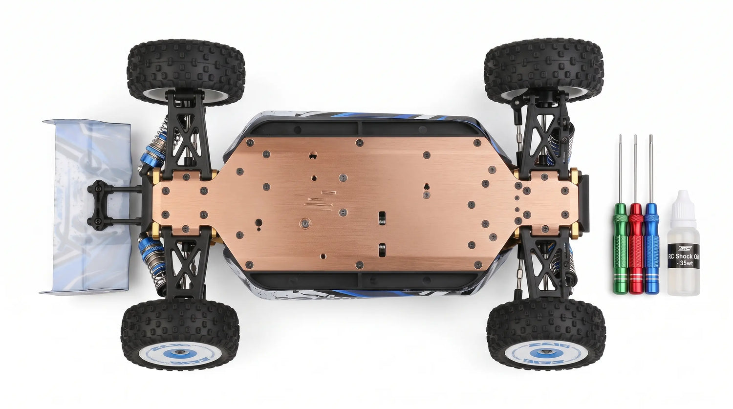 A blue and white remote-controlled buggy with its patterned body shell removed, revealing the internal chassis and components.