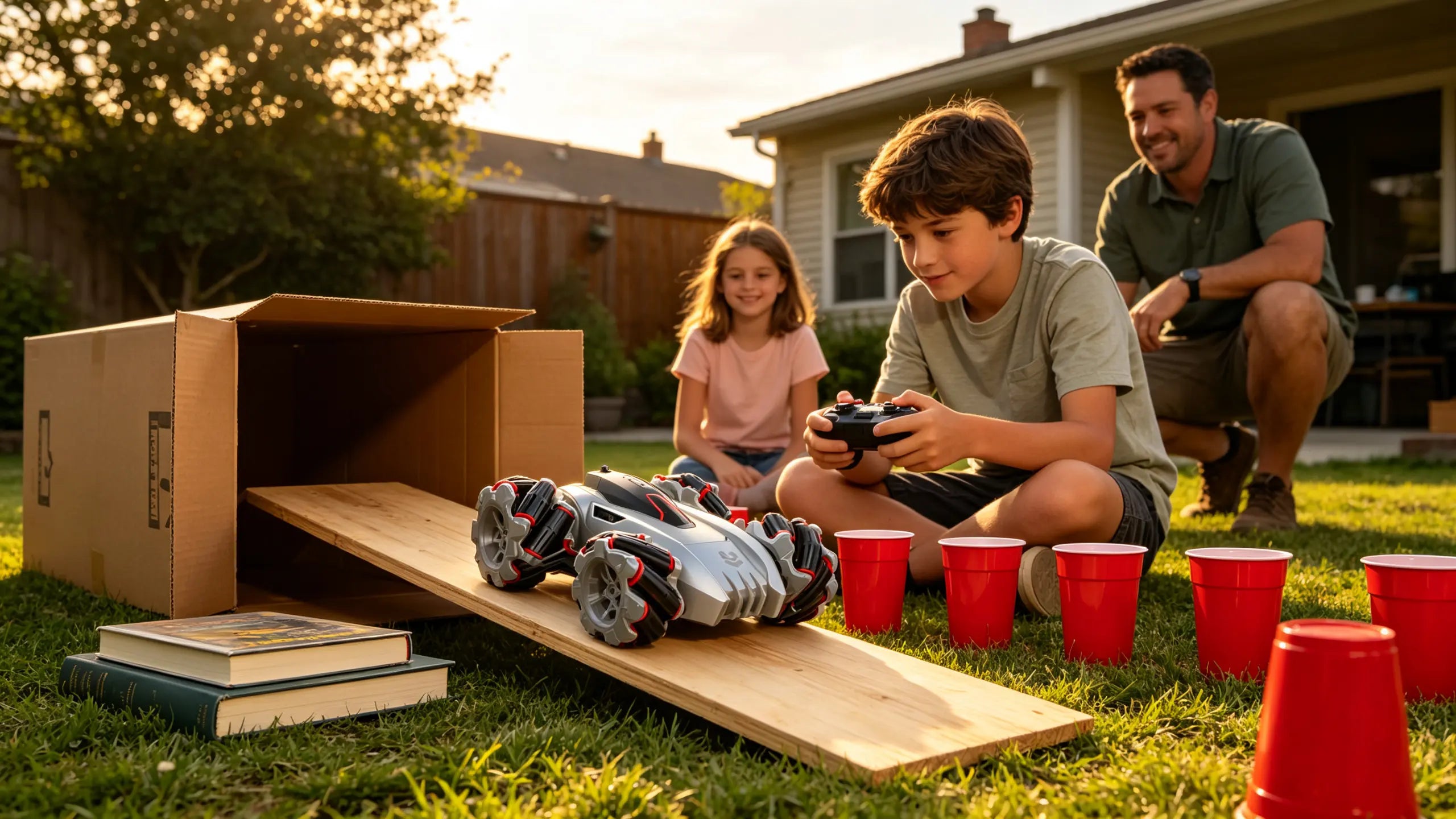 A child tests a silver and black 360° stunt RC car in the backyard, sending it airborne off a wooden ramp to showcase its aerial maneuverability, with family members watching.