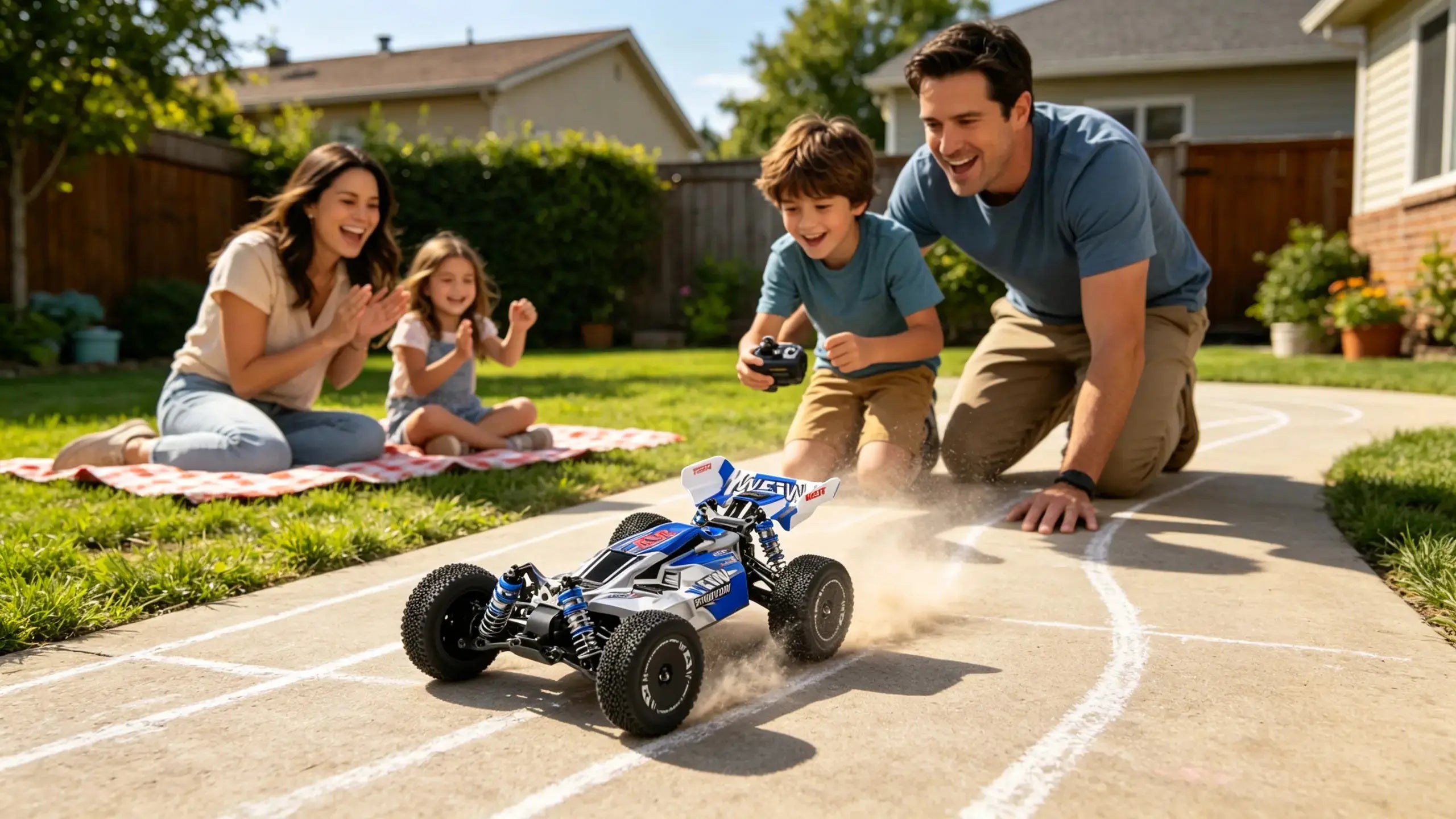 A family enjoying quality time with Drift RC Cars, as a young boy navigates a homemade track while his family smiles and encourages him.