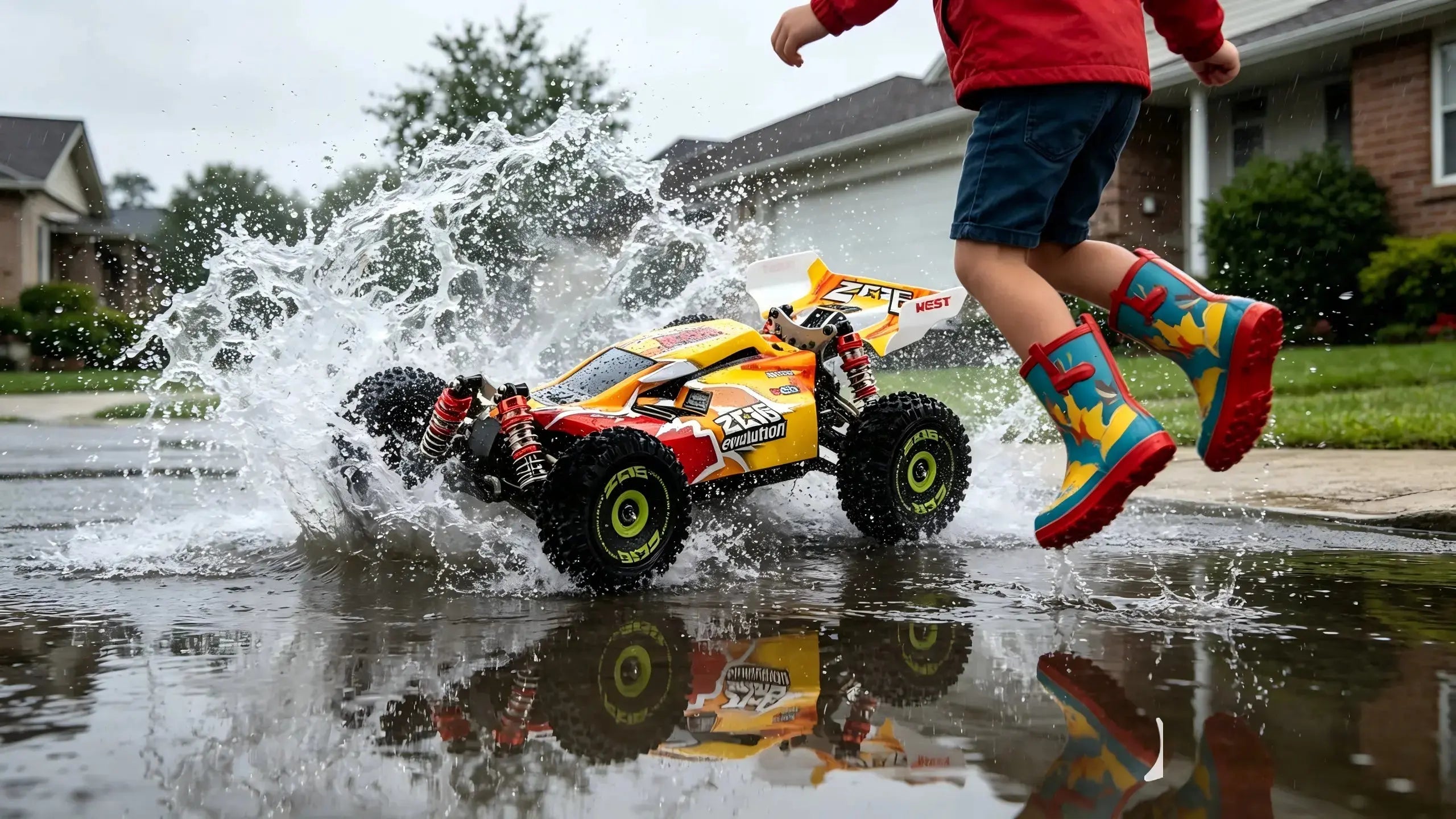 A child in rain boots remotely controls a colorful RC car outdoors as it drives through a puddle, kicking up a huge splash.