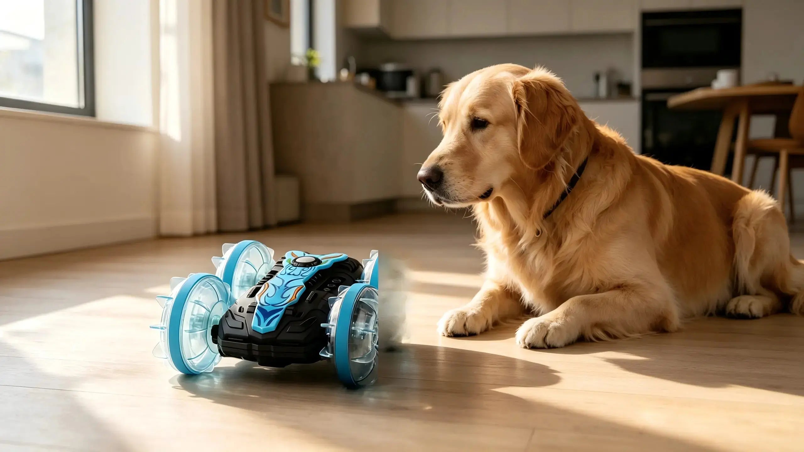 A friendly golden retriever safely interacts with a pet-friendly remote control car inside a cozy family home.
