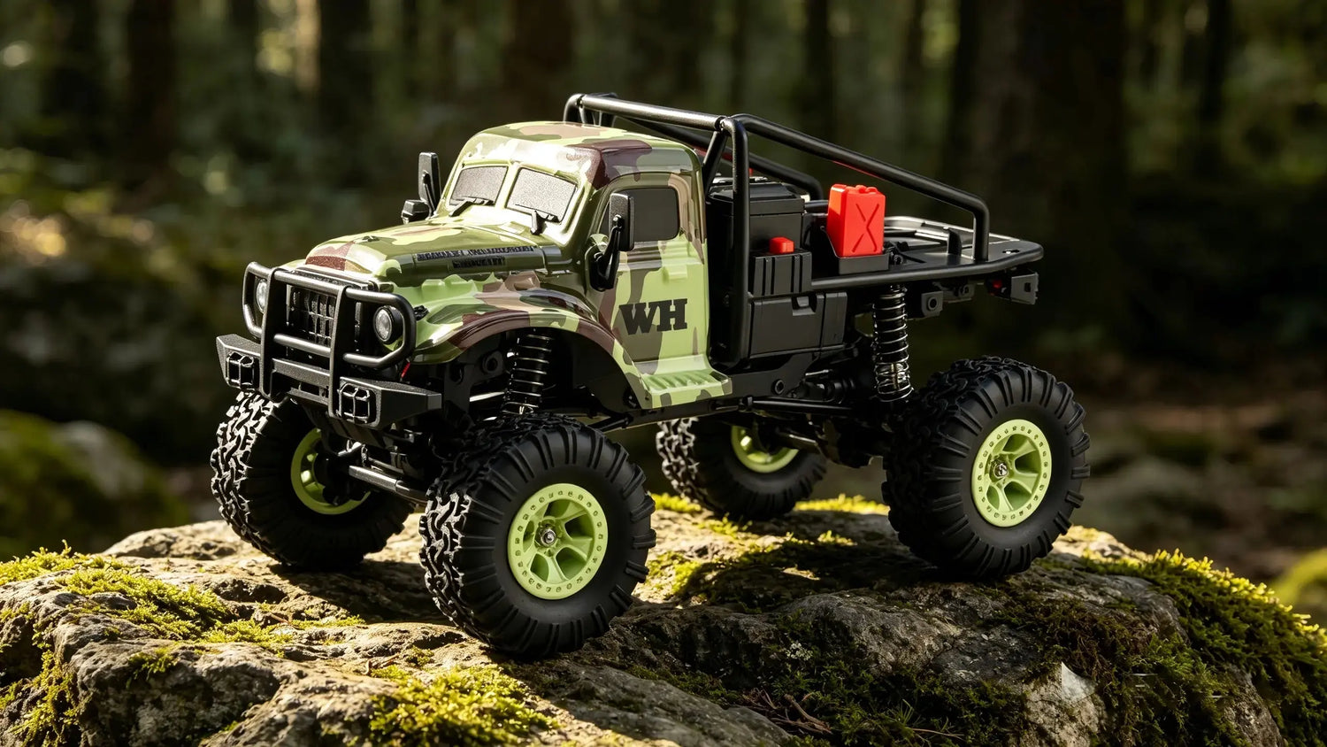 A WH-brand 1:10 scale 4x4 RC truck with a rugged camouflage paint job, showcasing its large off-road tires and high clearance chassis in a natural forest environment.