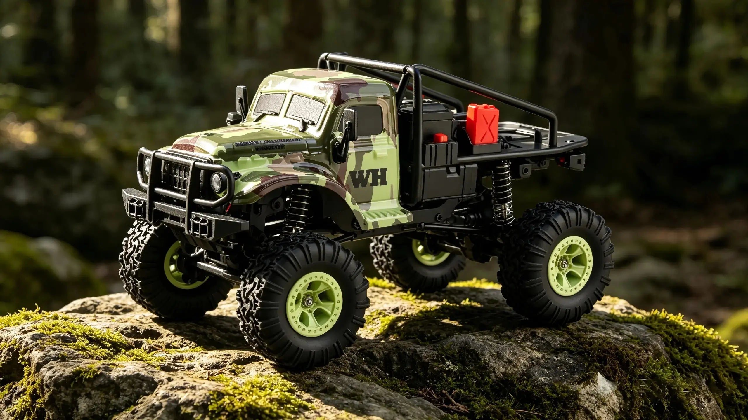 A WH-brand 1:10 scale 4x4 RC truck with a rugged camouflage paint job, showcasing its large off-road tires and high clearance chassis in a natural forest environment.