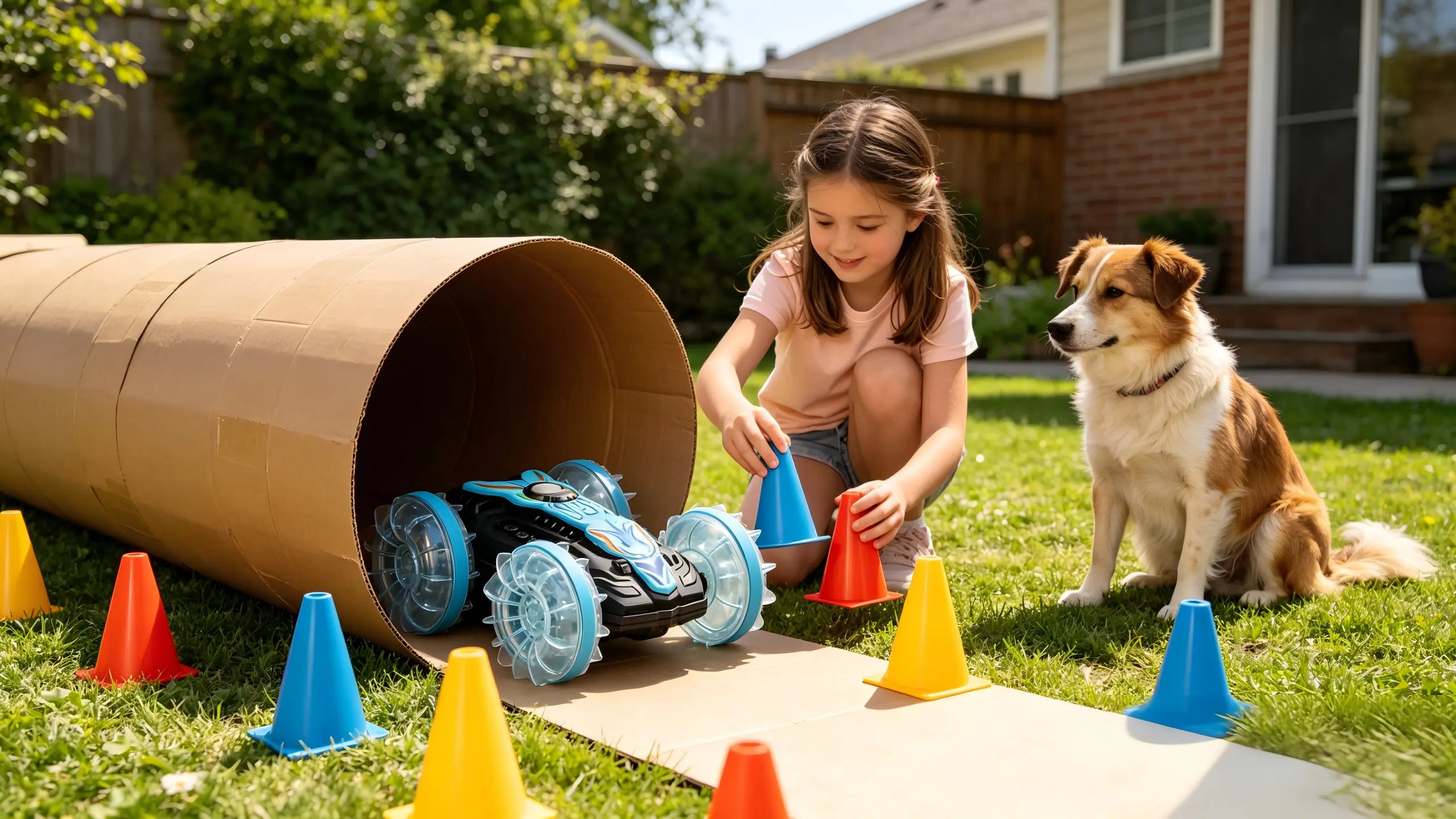 A girl and her dog play together on the lawn with a new pet-friendly RC car, navigating a fun track made of a cardboard tube and colorful cones.