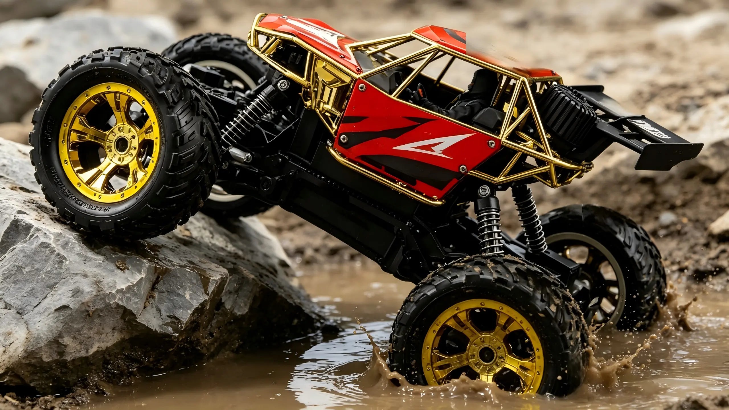 A professional red and black RC Rock Crawler demonstrates its extreme off-road climbing capability on a realistic rock and mud course, with fully articulated suspension and dynamic mud splatter.