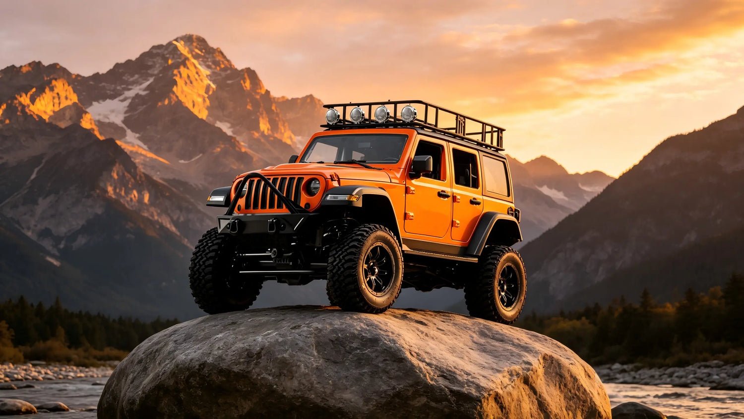 RC Rock Crawler demonstrating high clearance and off-road capability on rocky terrain at dusk, featuring all-terrain tires and roof-mounted light bar.