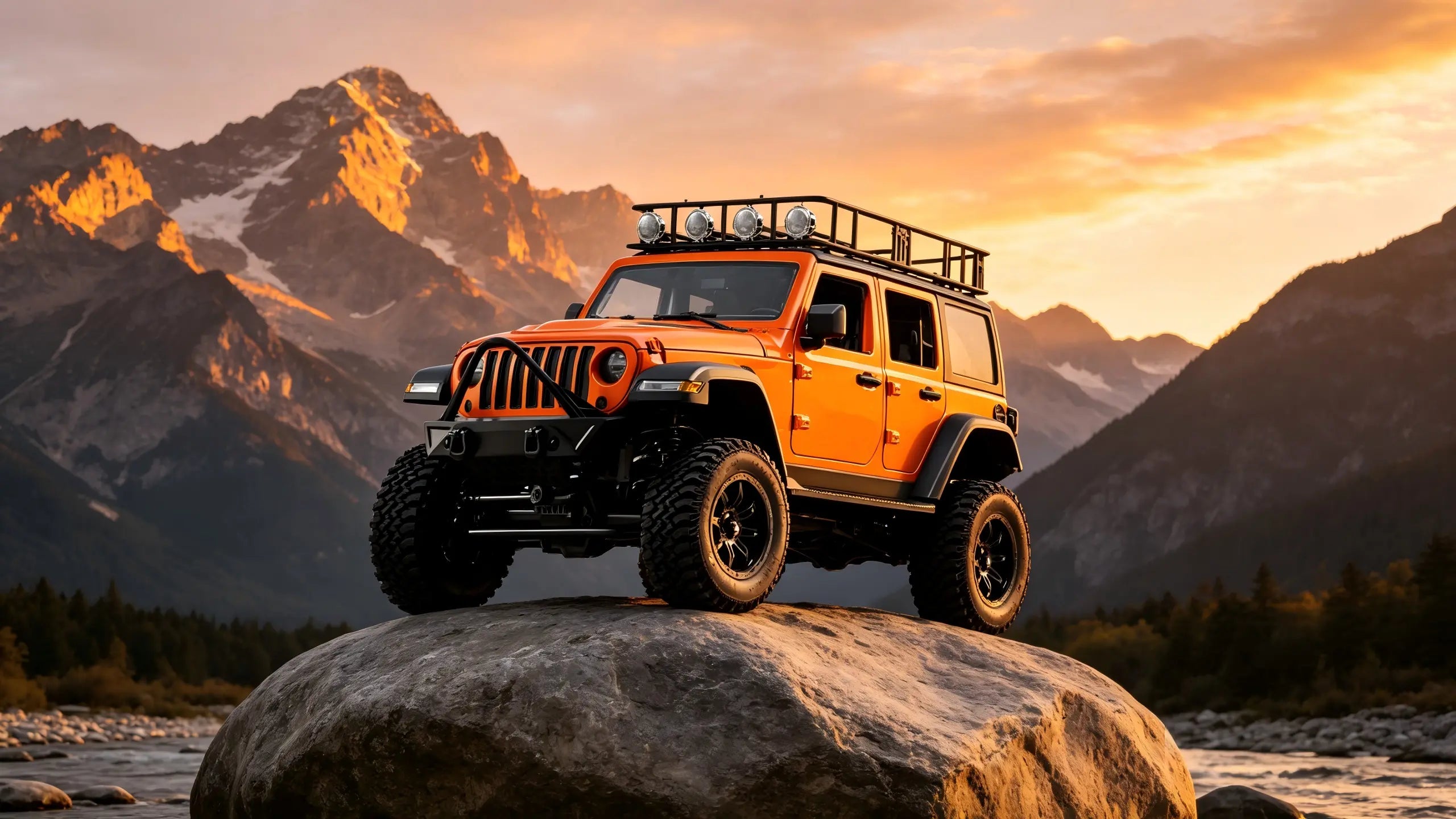 RC Rock Crawler demonstrating high clearance and off-road capability on rocky terrain at dusk, featuring all-terrain tires and roof-mounted light bar.
