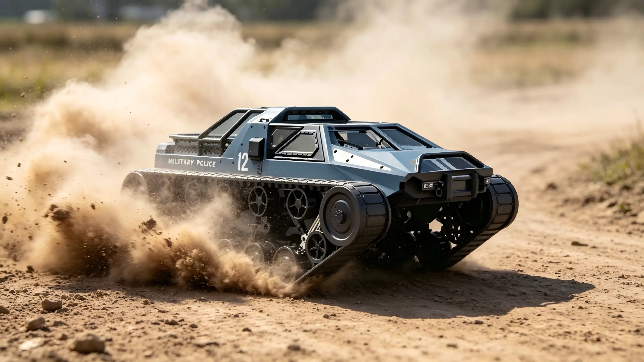 A dark-colored remote control tank drifts at high speed on an off-road course, kicking up a large cloud of dust with its tracks.