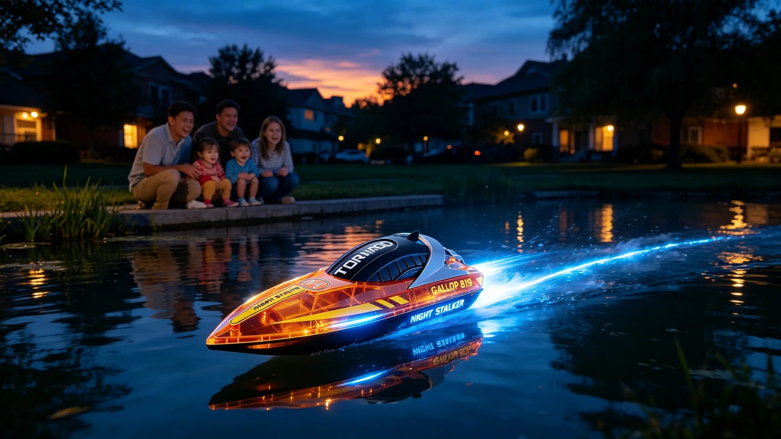 A high-speed Speed RC boat races across a serene lake at dusk, glowing orange with a striking blue light trail, while a captivated family watches the thrilling display from the shore.