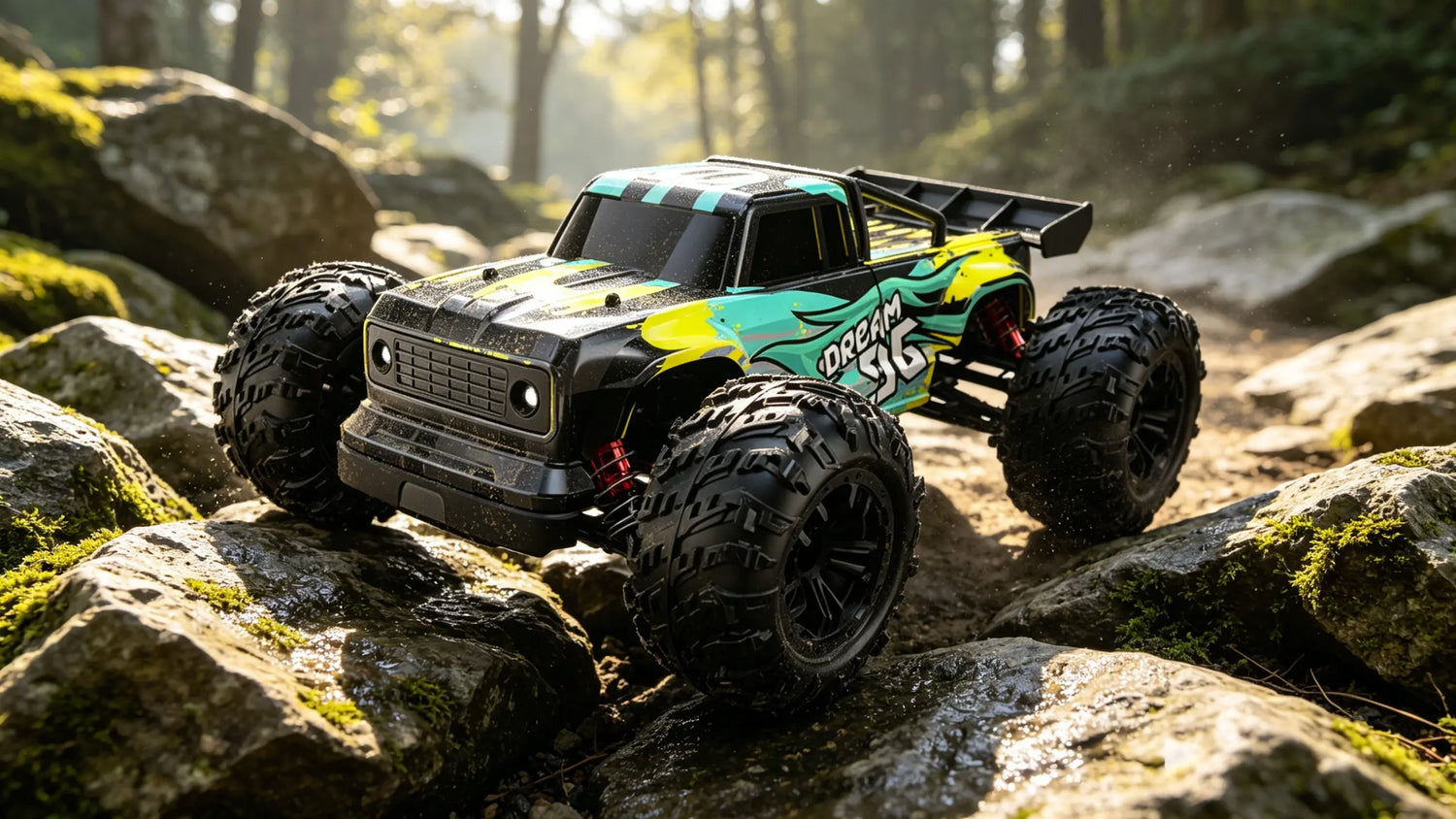 A cool black, green, and yellow crawler RC truck with flame decals and large off-road tires, parked on mossy rocks in a wooded outdoor environment.