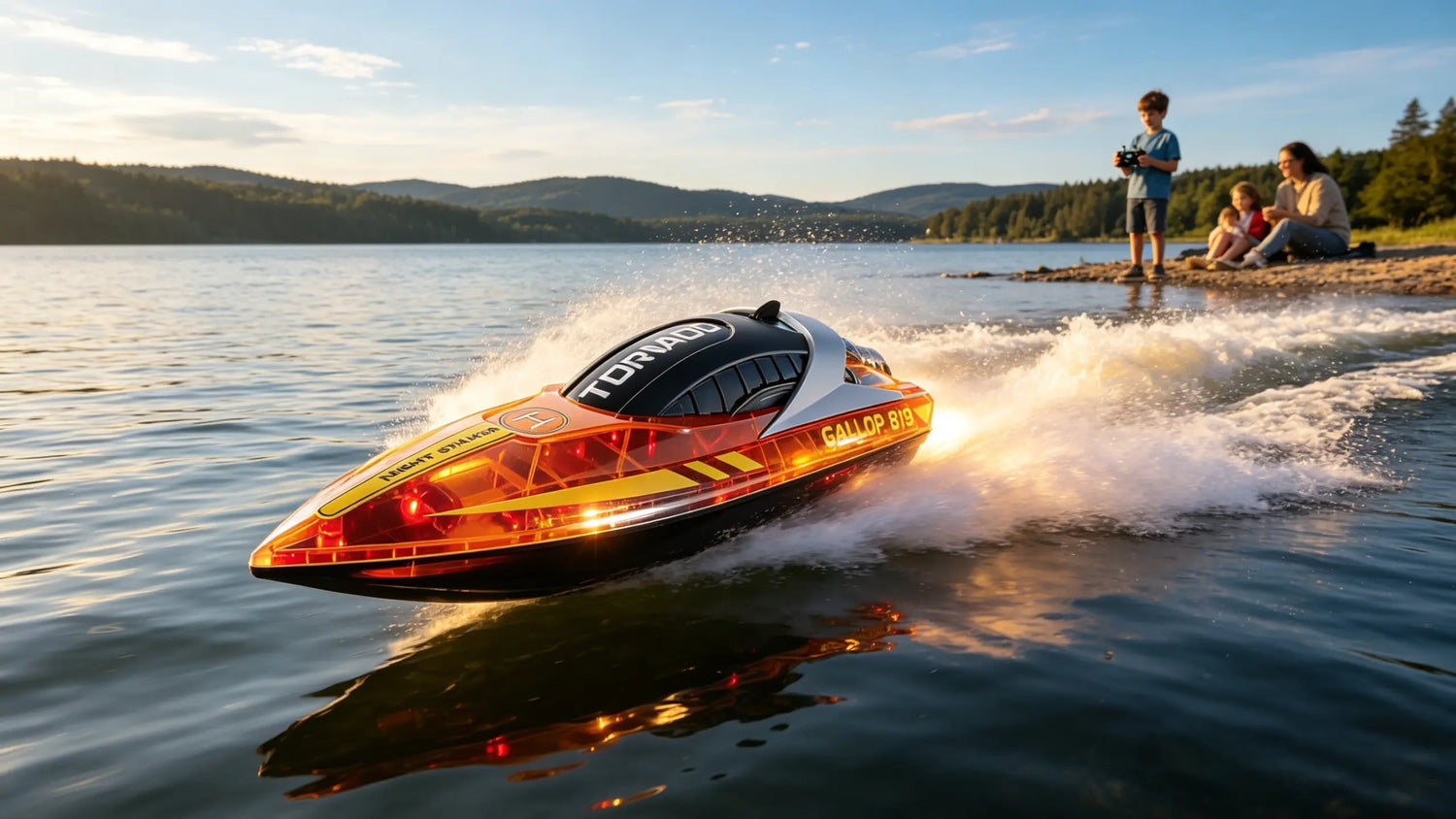 A TQ Racing Tornado Speed RC Boat model skims at high speed across a calm lake, demonstrating its power and handling with a huge spray of water.