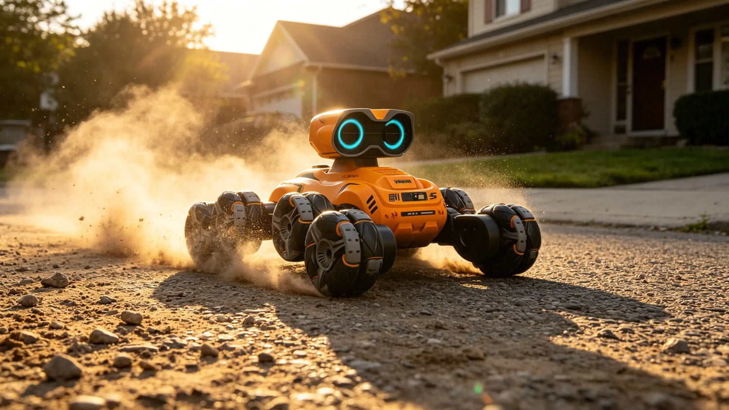 A vibrant orange RC Stunt Car performs a dynamic stunt, kicking up dust on a residential street and showcasing the power of its six-wheel drive.