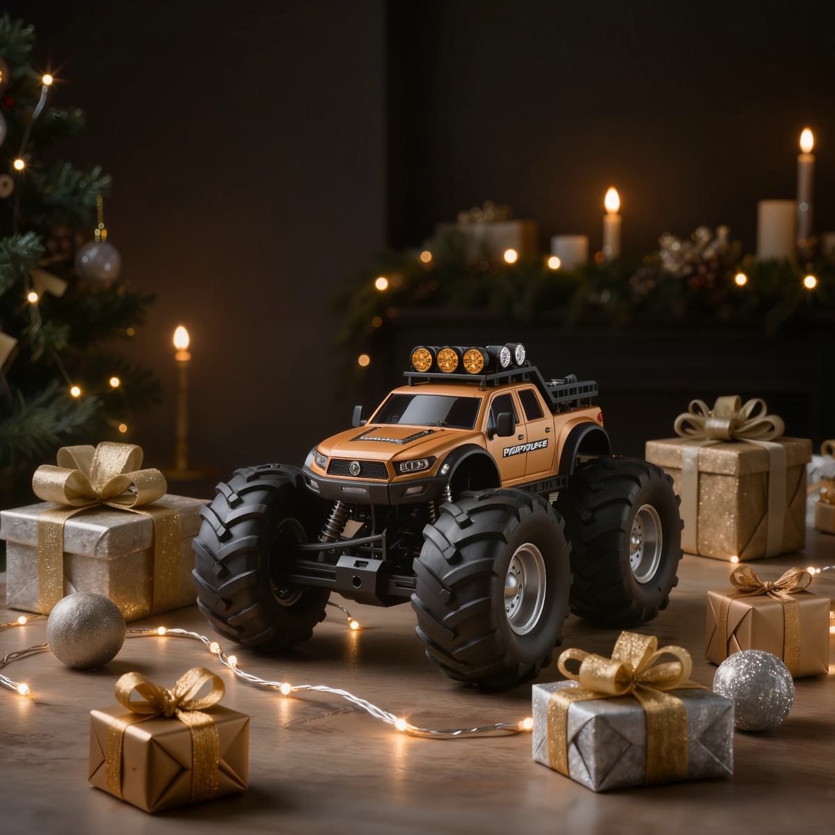 Playpulse RC monster truck surrounded by festive gift boxes and warm fairy lights