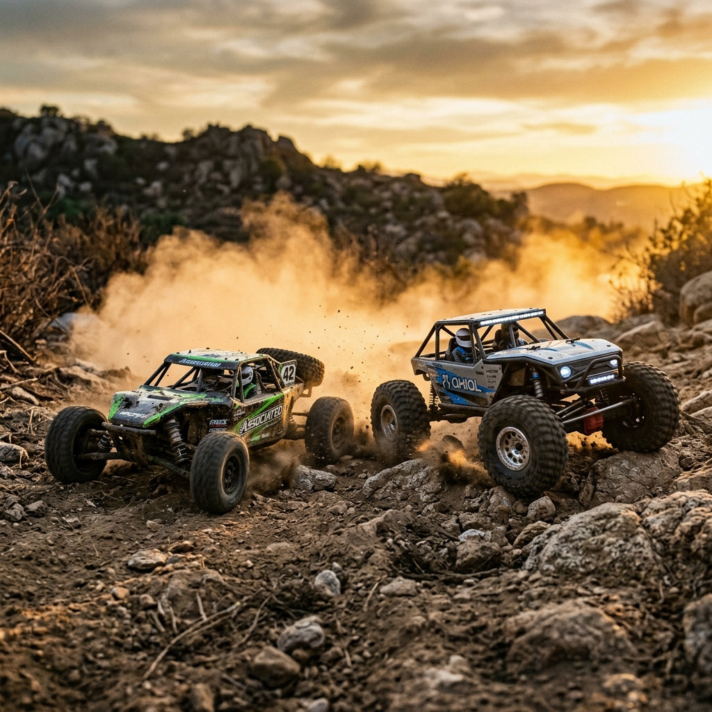 Playpulse RC all-terrain off-road trucks and rock crawlers navigating rugged outdoor terrain