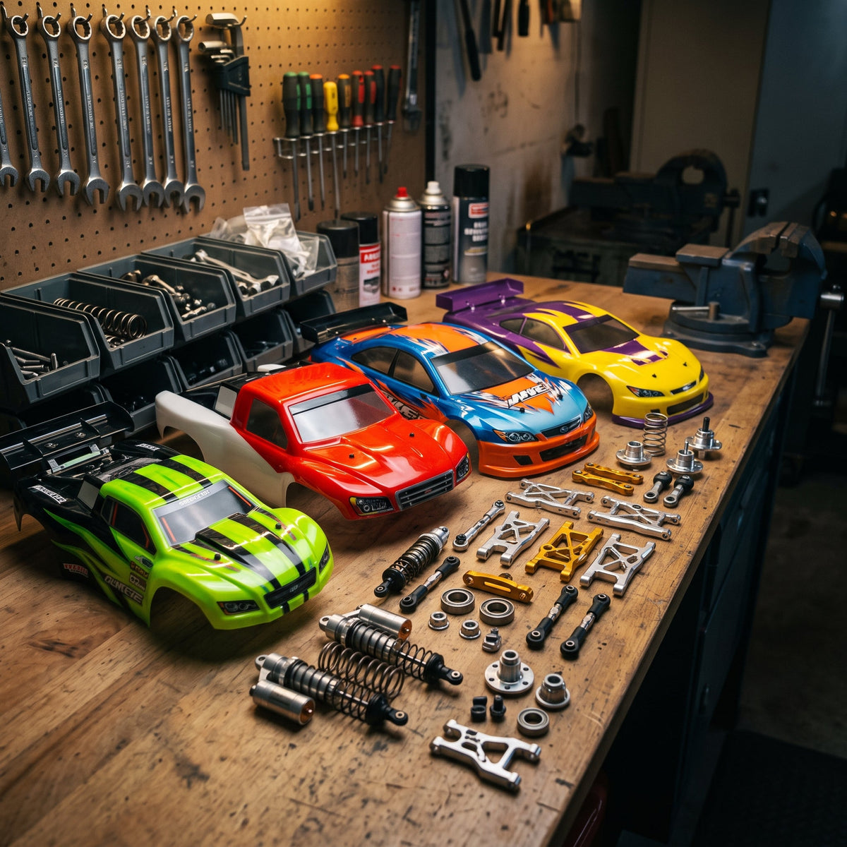 Playpulse RC custom painted car body shells and metallic suspension parts