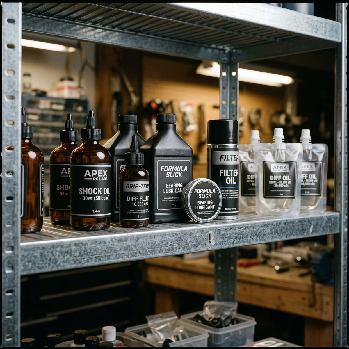 Playpulse RC maintenance fluids, lubricants, and refill packs on a shelf