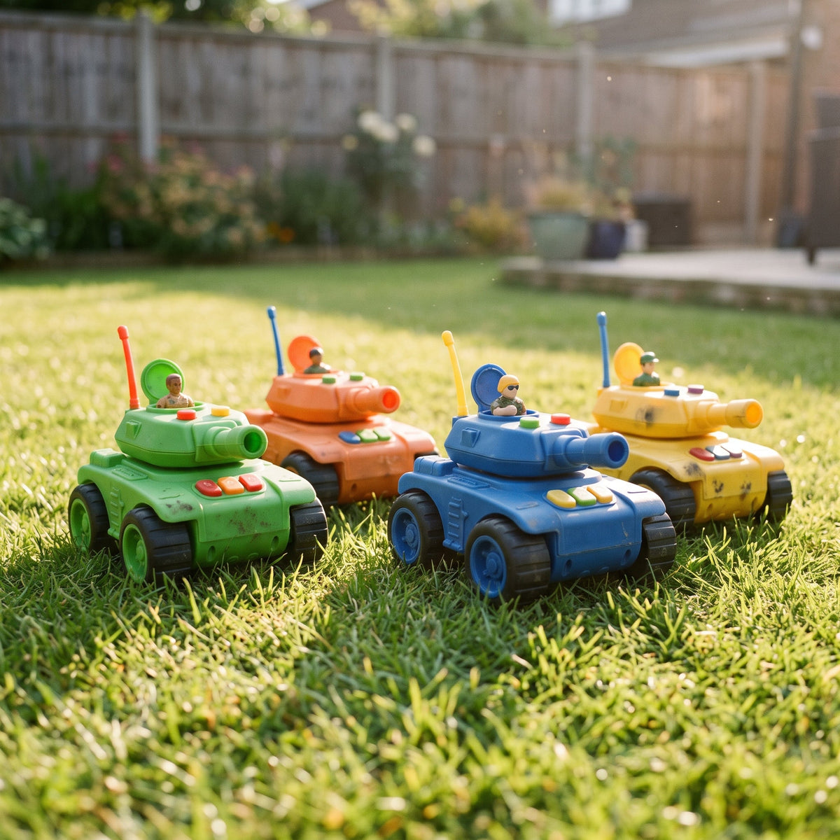 Playpulse RC kid-friendly starter military tank toy on grass