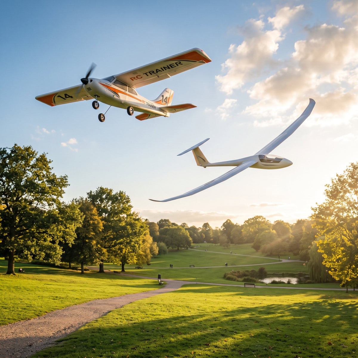 Playpulse RC beginner trainer planes and gliders flying over a park