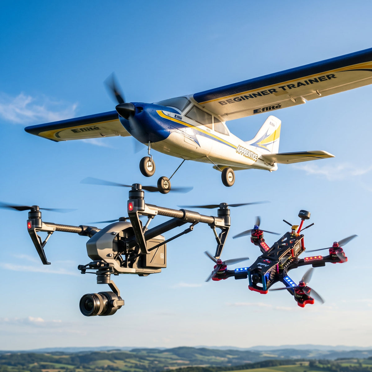 Playpulse RC aircraft fleet including trainer planes, FPV drones, and aerobatic jets