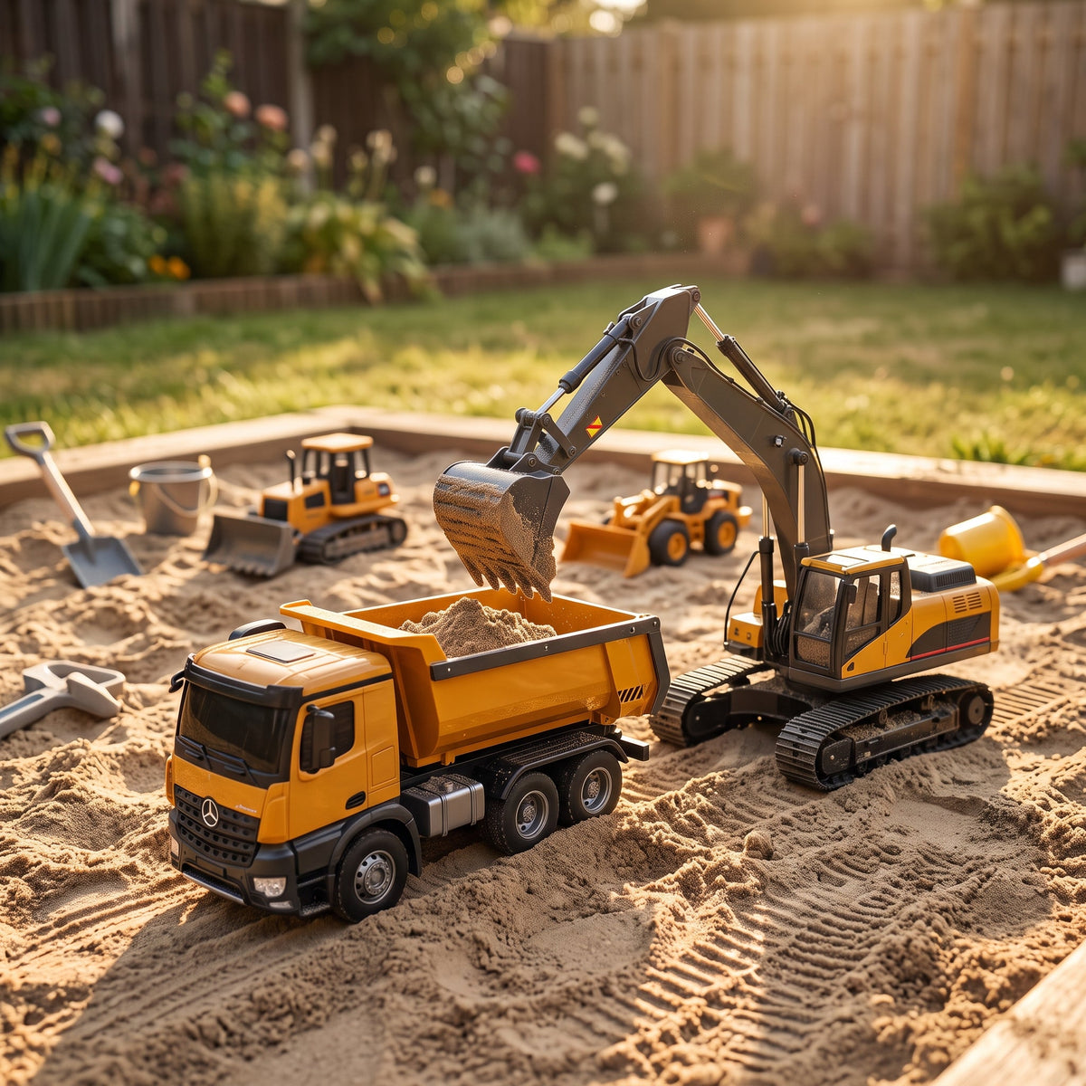 Playpulse RC construction dump truck and digger playing in a sandbox