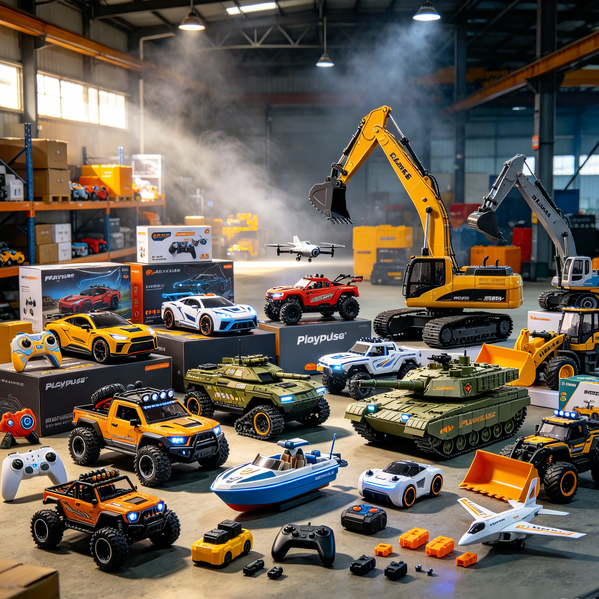 Playpulse full toy lineup including RC cars, boats, tanks, aircraft, construction vehicles, smart toys and hobby parts
