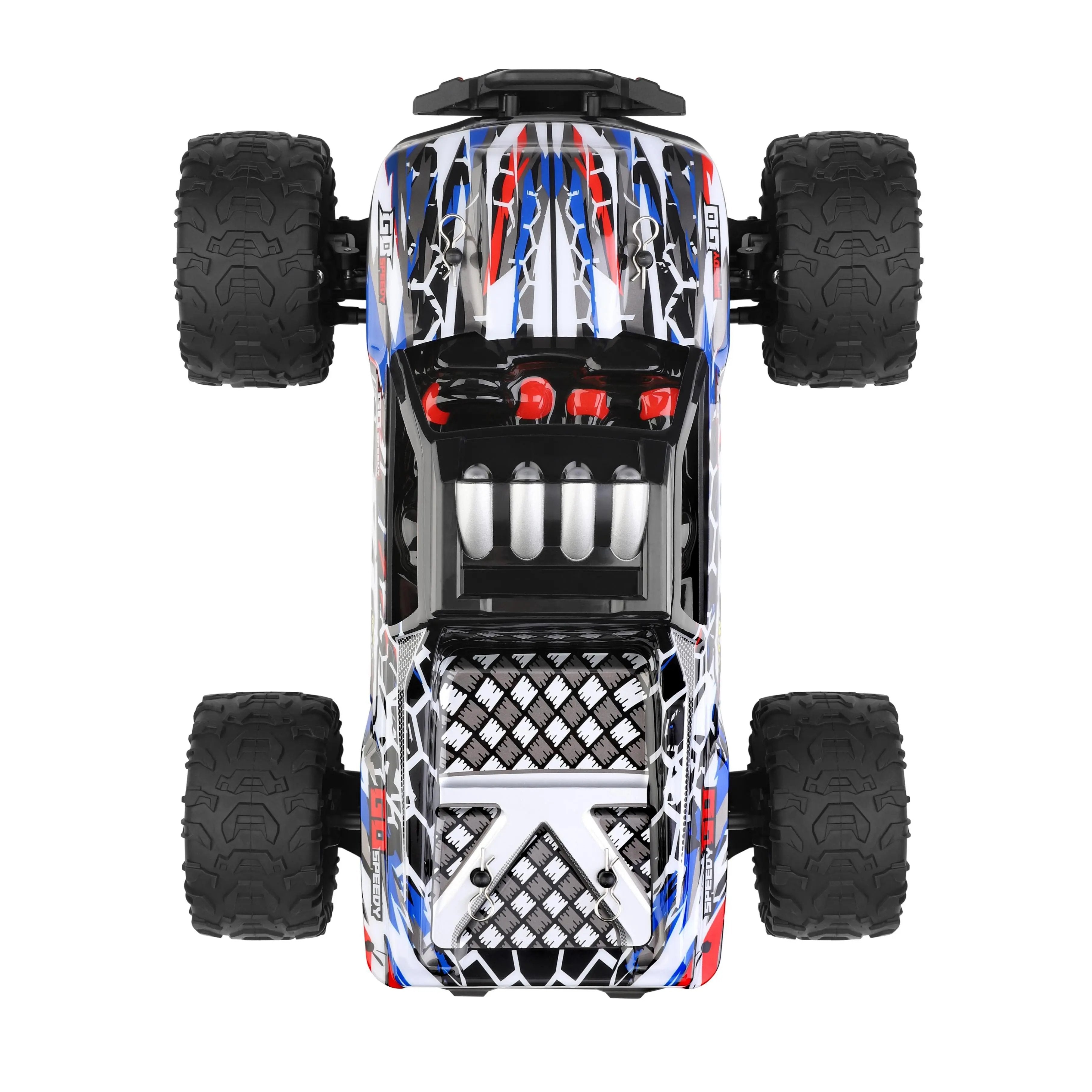 Blue, white, and red RC toy monster truck with large black tires - PLAYPULSE RC