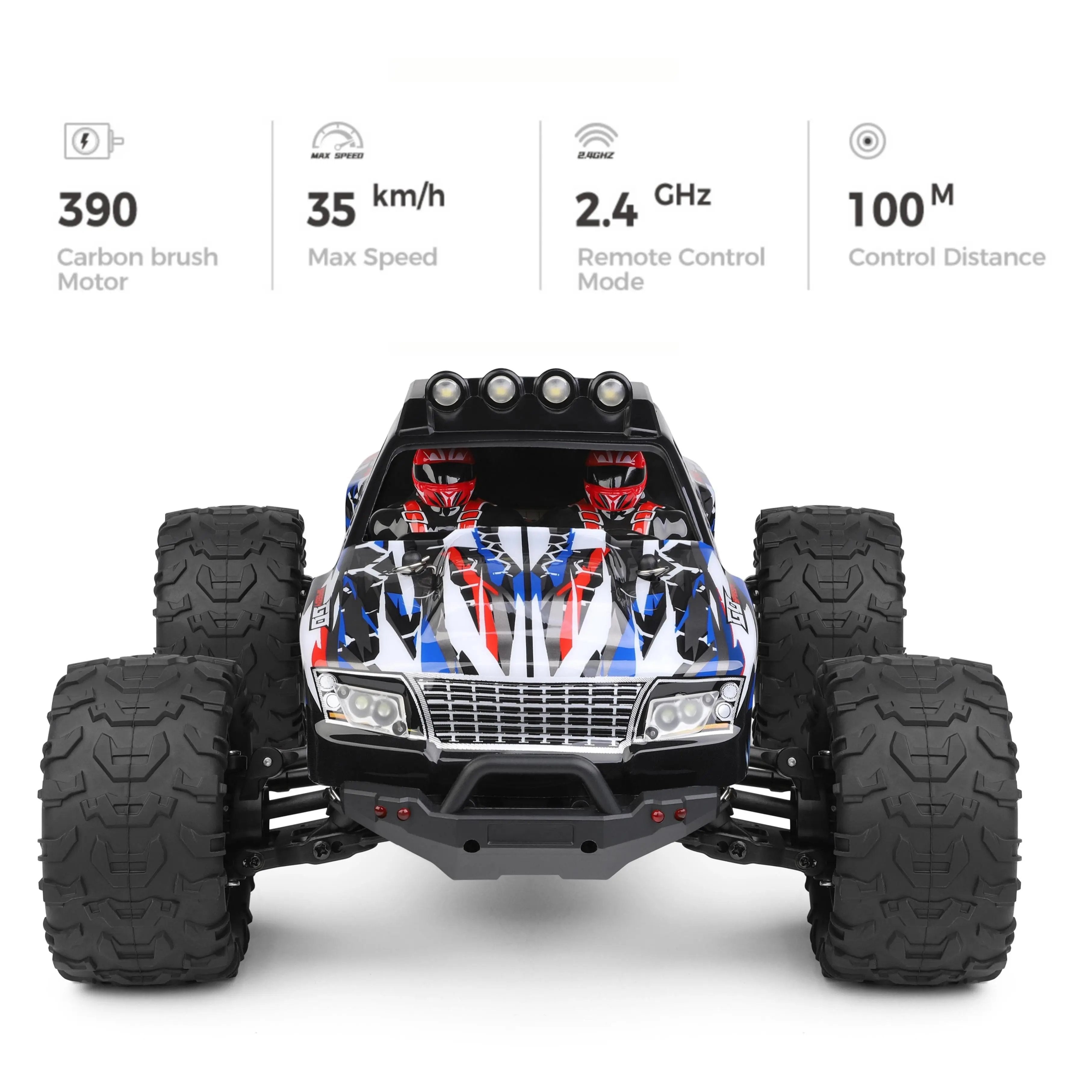 Vibrant RC toy monster truck with blue, white, red, and black patterns, featuring headlights and off-road tires- PLAYPULSE RC