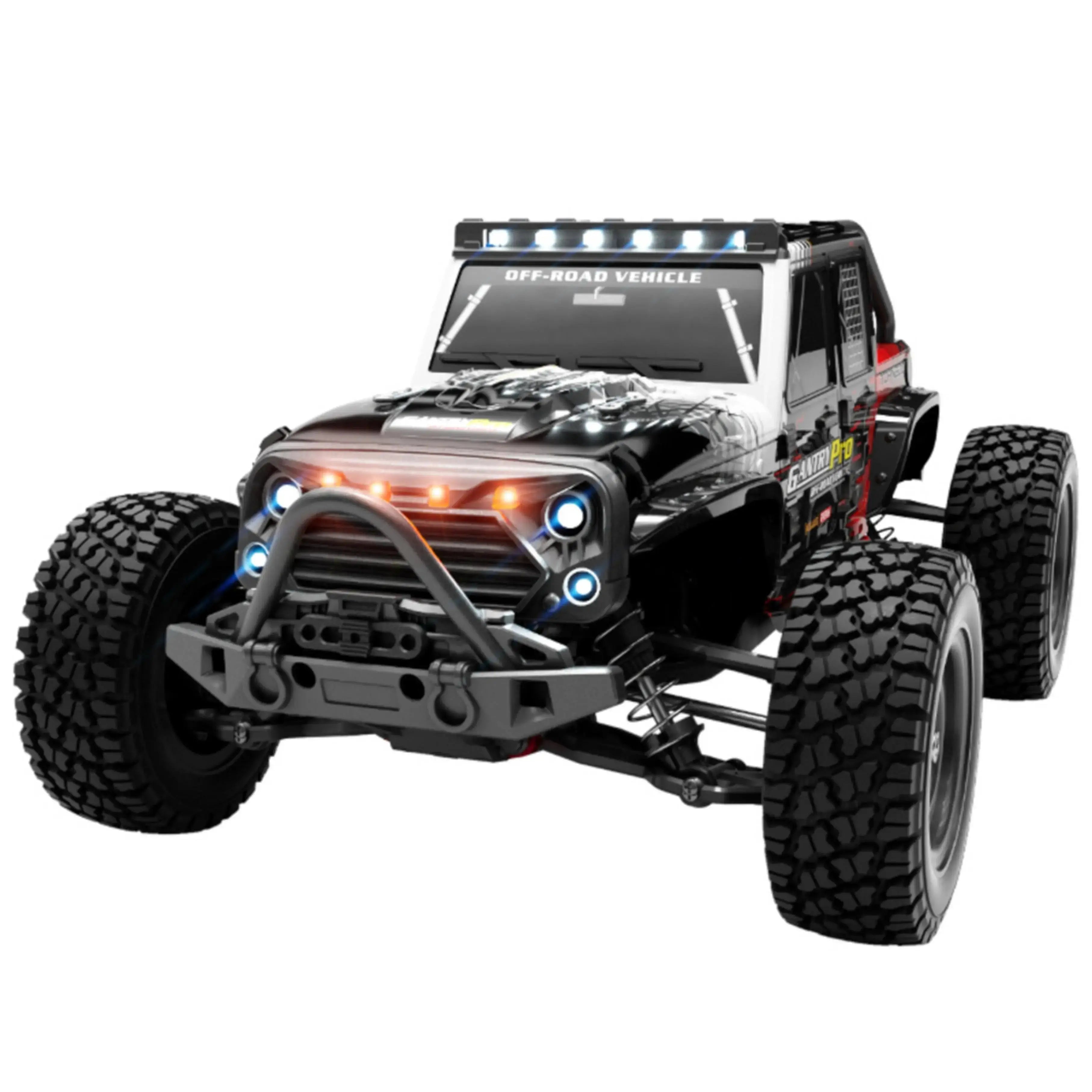 Black remote control monster truck with red and yellow decals on off-road tires. - Playpulse RC