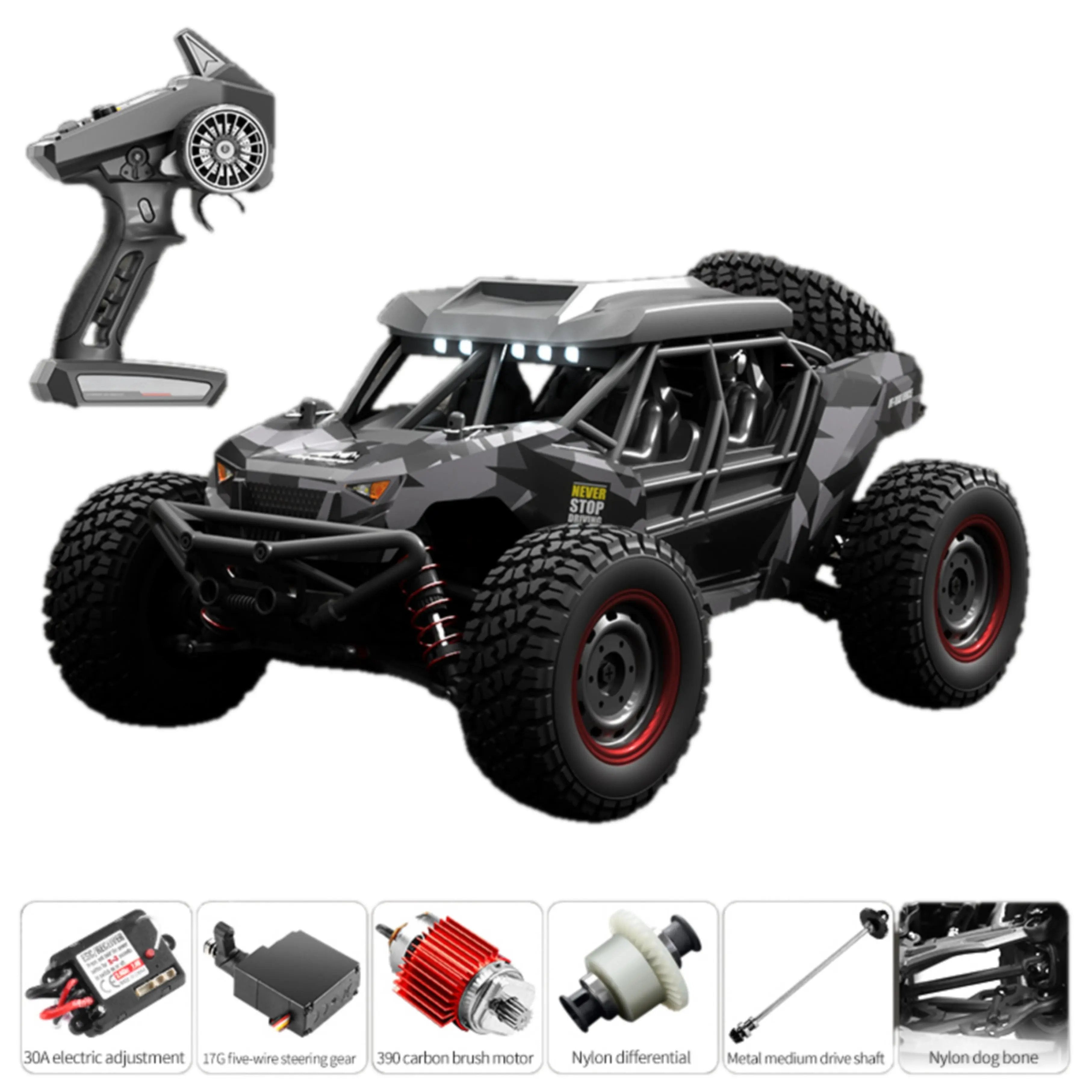 Black camo RC monster truck with large tires, remote controller, and component parts displayed.- PLAYPULSE RC