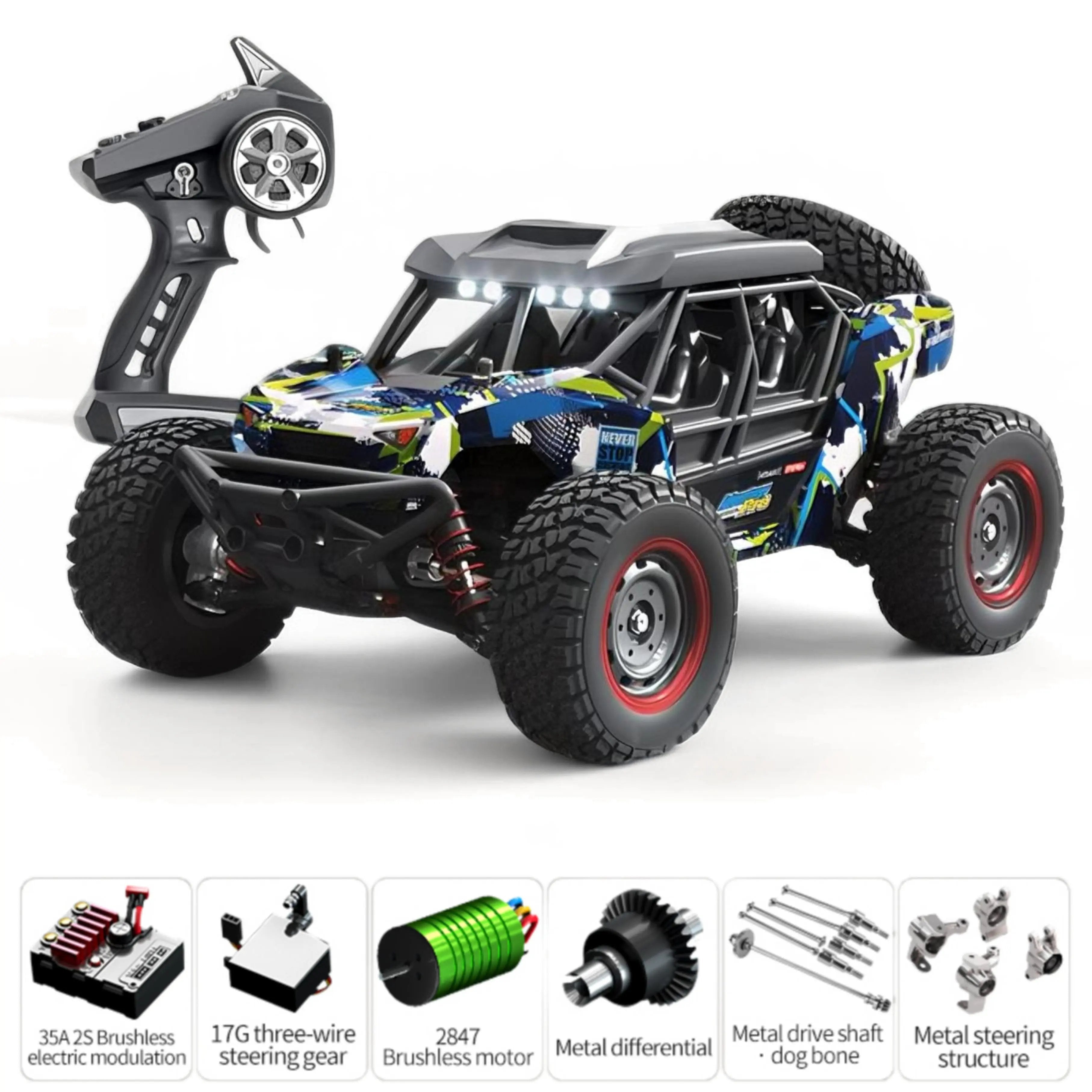 Blue and black remote control monster truck with matching controller and upgrade parts