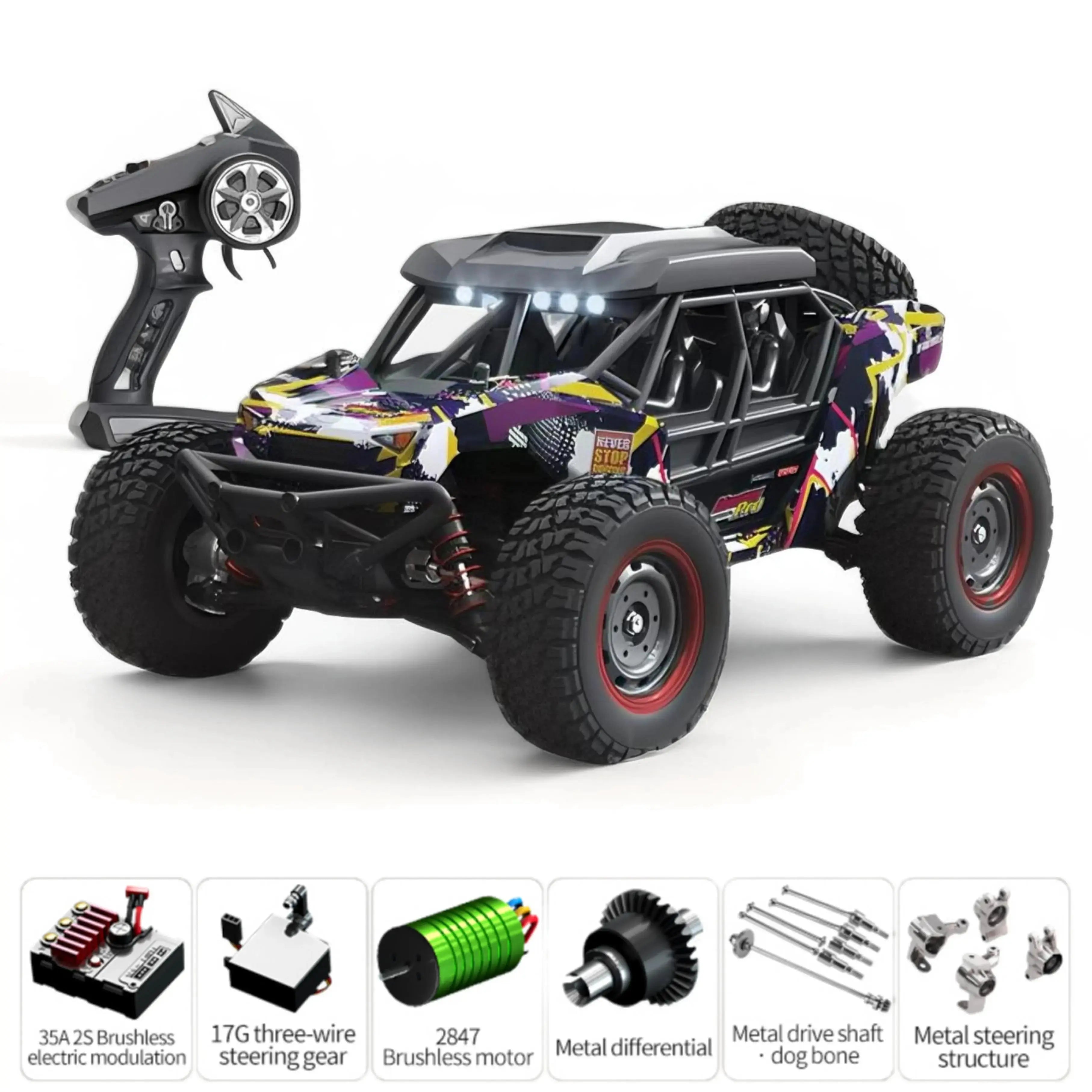 Purple and black remote control monster truck with matching controller and upgrade parts