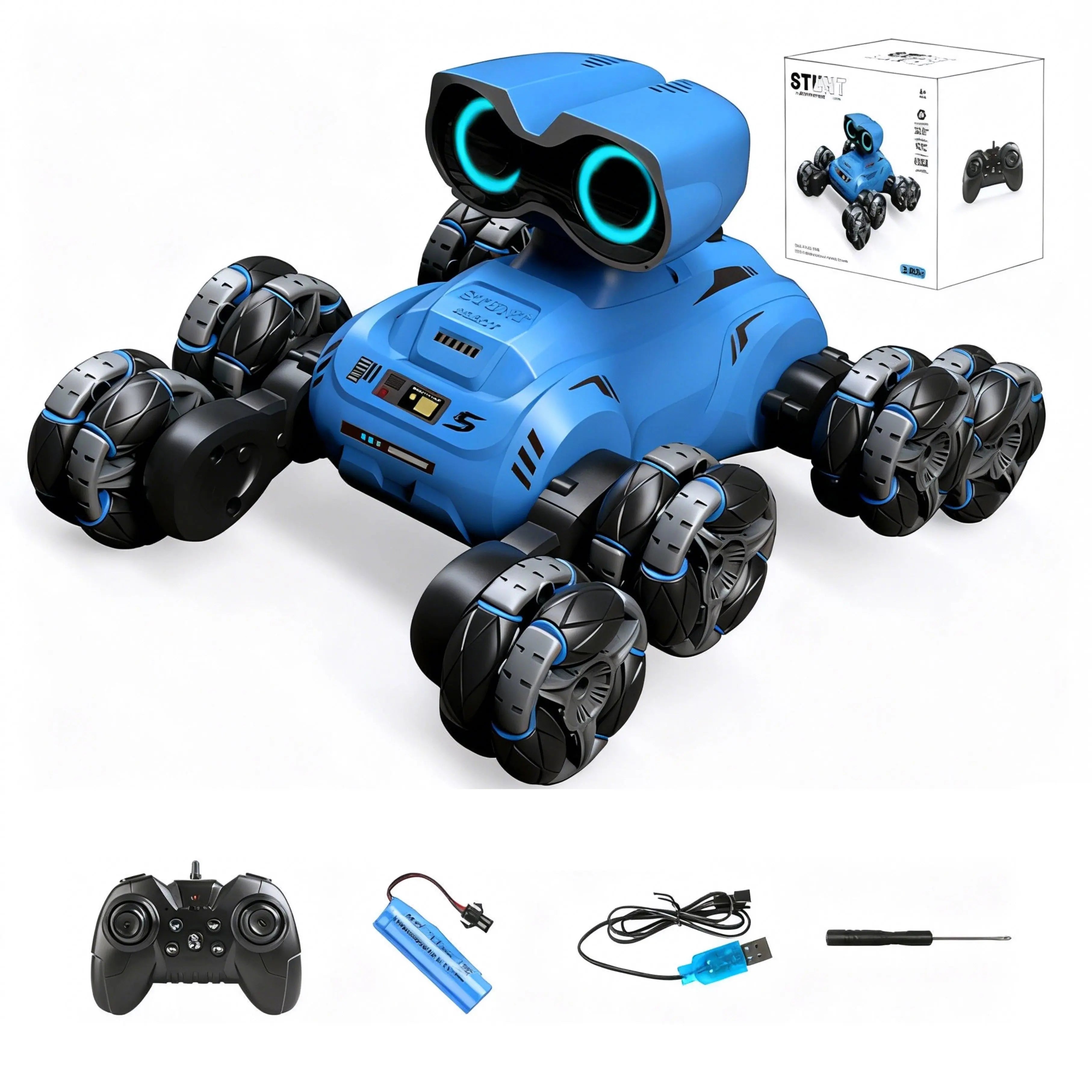 Blue YT6639 8-Wheel RC Stunt Car - 360° Flip Robot with Flexible Limbs - PLAYPULSE RC