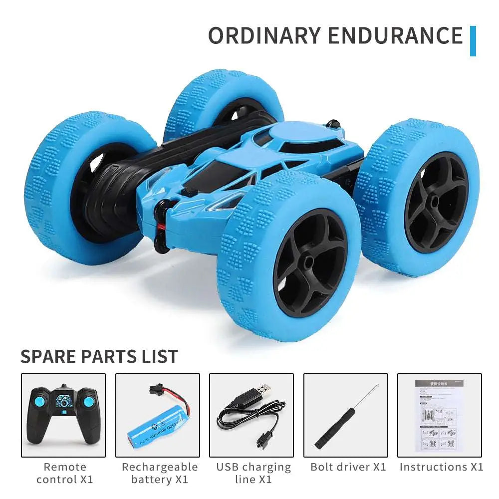 PLAYPULSE double sided RC stunt car with blue tires remote control rechargeable battery and USB charging cable