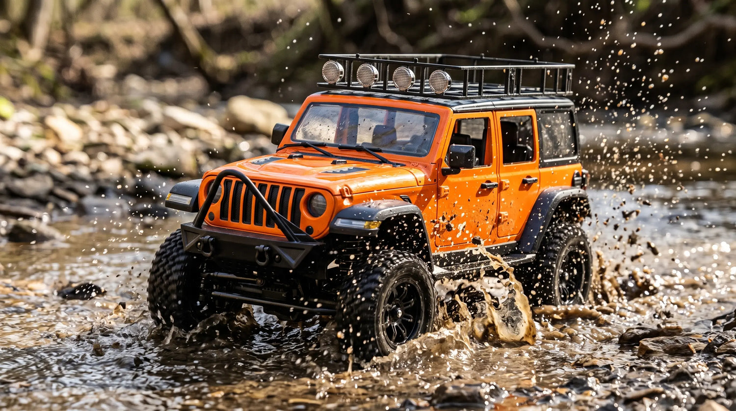 A close-up macro engineering shot of the high-impact nylon composite black off-road front bumper, featuring the signature forward-leaning stinger bar and symmetrically placed D-ring shackles on the PlayPulse MN128 rock crawler.