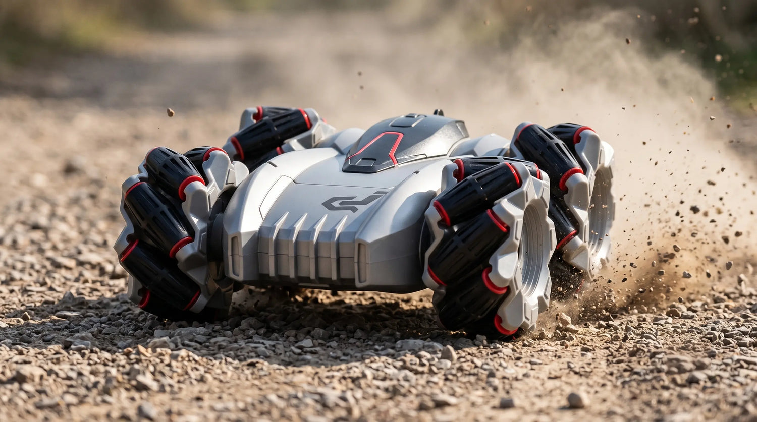 1203E stunt RC car drifting on a dirt path, kicking up gravel to demonstrate the extreme omnidirectional traction of its mecanum wheel tracking system.