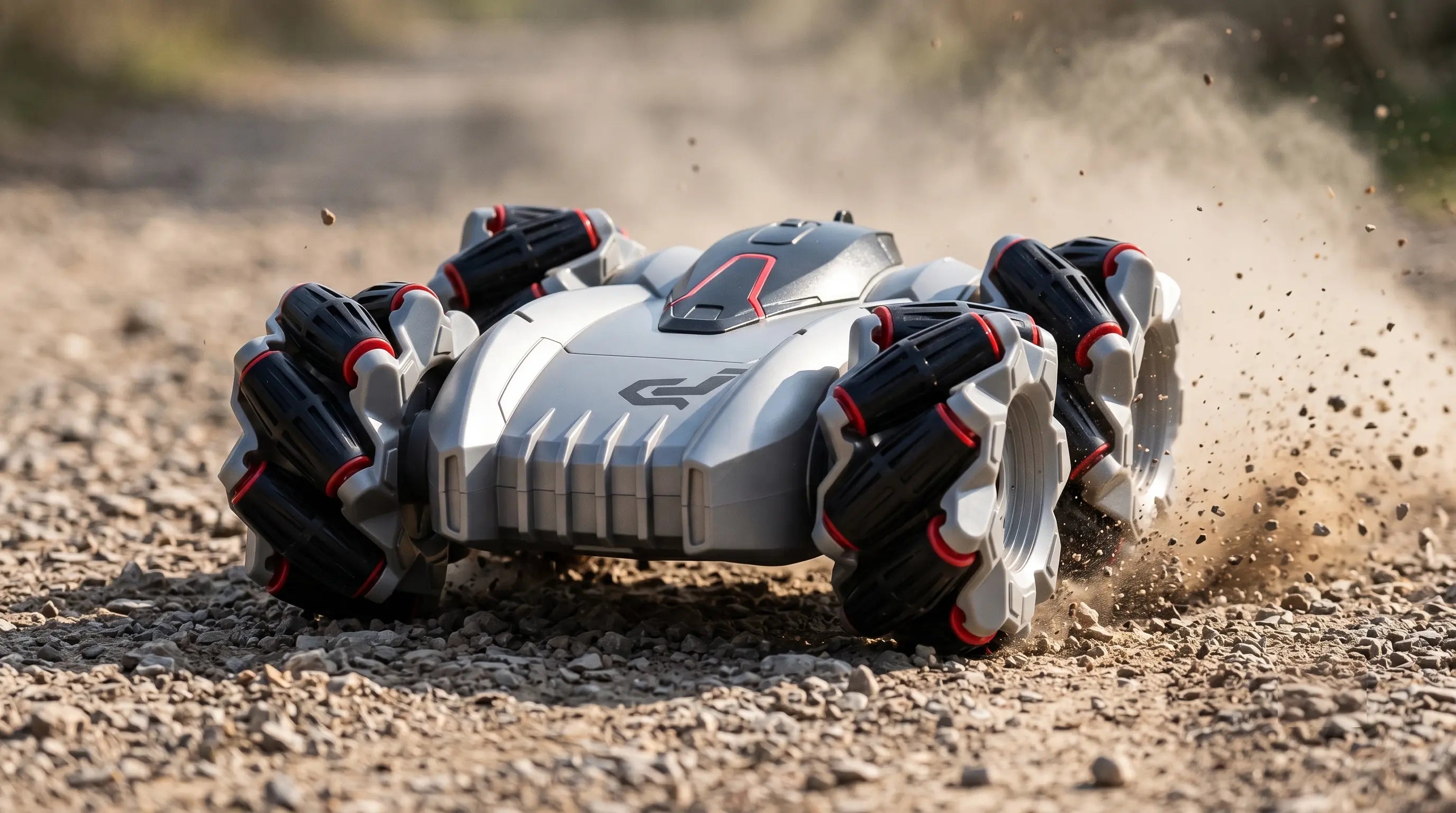 1203E stunt RC car drifting on a dirt path, kicking up gravel to demonstrate the extreme omnidirectional traction of its mecanum wheel tracking system.
