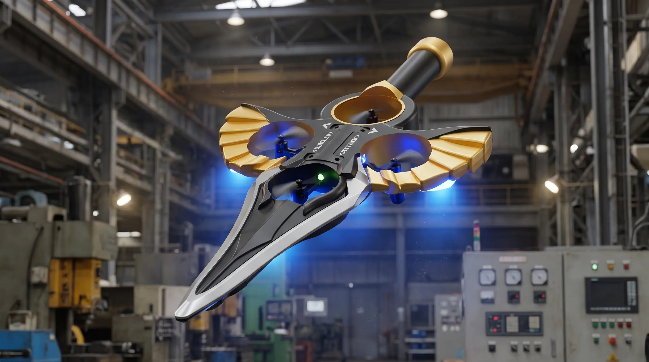  Stunt Flying Sword Easy Fly RC drone hovering steadily mid-air, showcasing its symmetrical broadsword design, silver blade edges, and glowing blue LED ducted rotors.