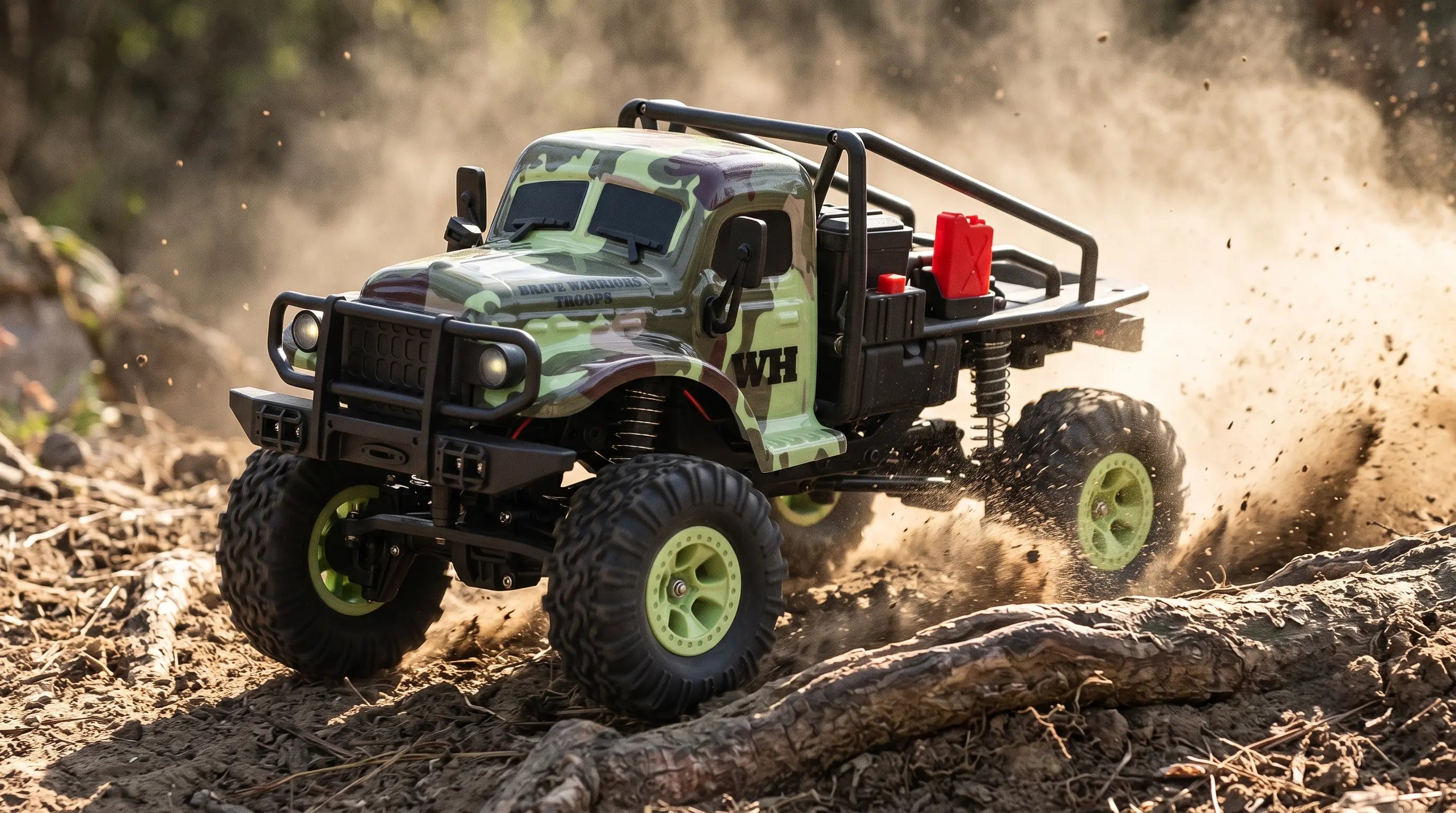 Camouflaged 1/18 4WD crawling RC truck conquering a steep dirt trail, demonstrating suspension flex and off-road tire traction.