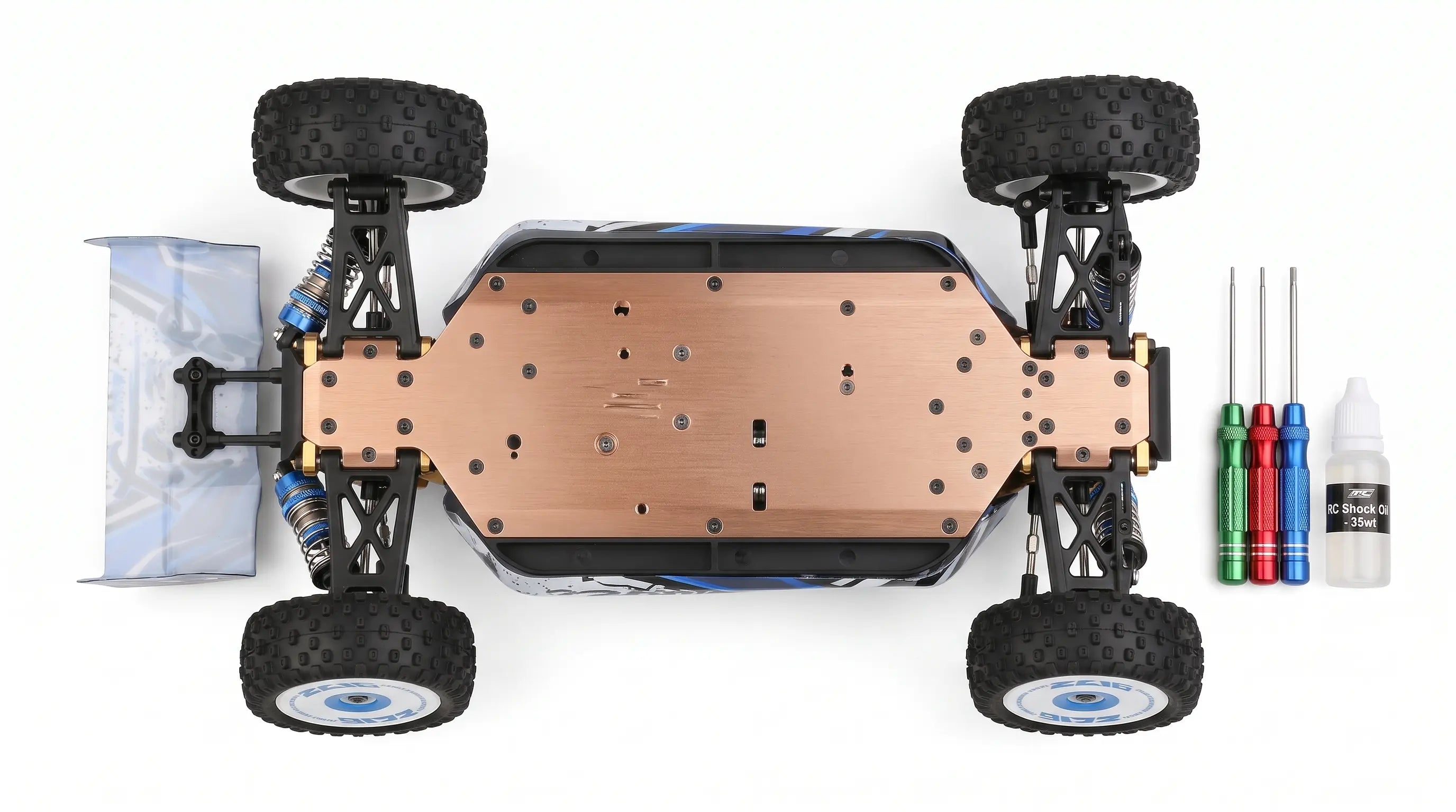 A blue and white remote-controlled buggy with its patterned body shell removed, revealing the internal chassis and components.