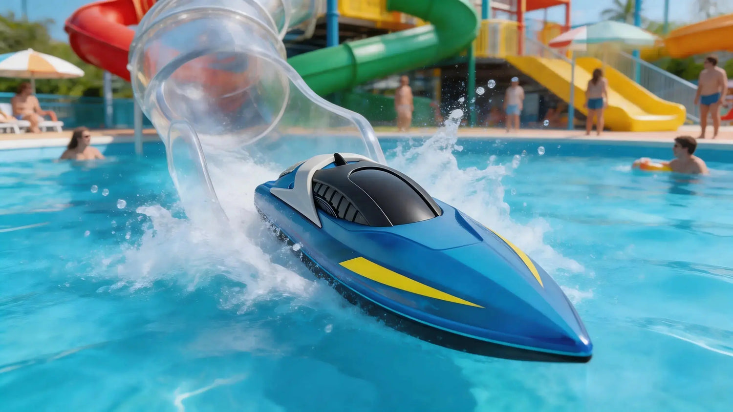 RC Boats for Pools: A blue and yellow RC boat speeds down a pool slide and splashes into the water, demonstrating its dynamic performance.