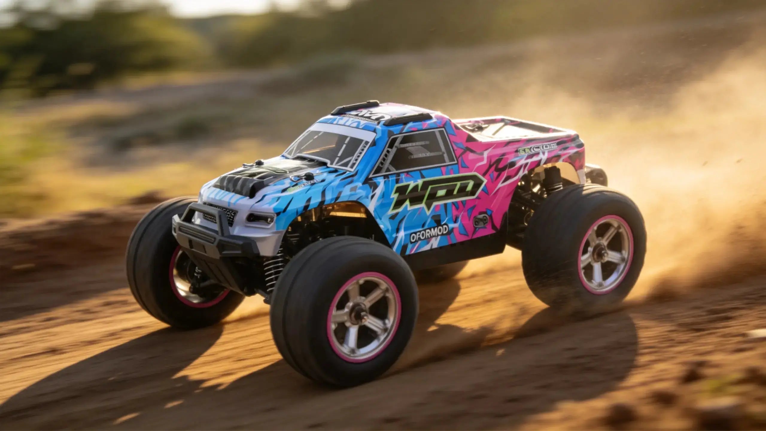 An RC off-road truck with “OPR” graphics powers over rough terrain, showcasing excellent stability and handling thanks to its high-performance suspension shocks.