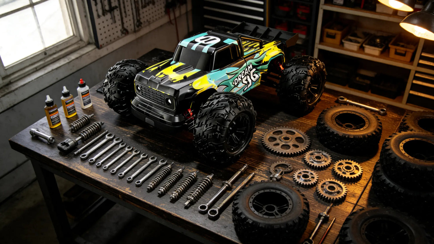 A sleek RC off-road truck sits on a maintenance workbench, surrounded by a complete set of tools, replacement parts, gears, and tires for dedicated RC Car Maintenance.