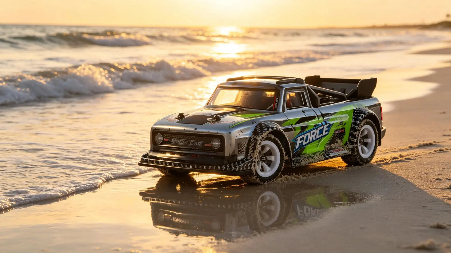The cool "FORCE" drift RC car on a sunset beach with ocean waves in the background, showcasing the thrill of outdoor RC driving.