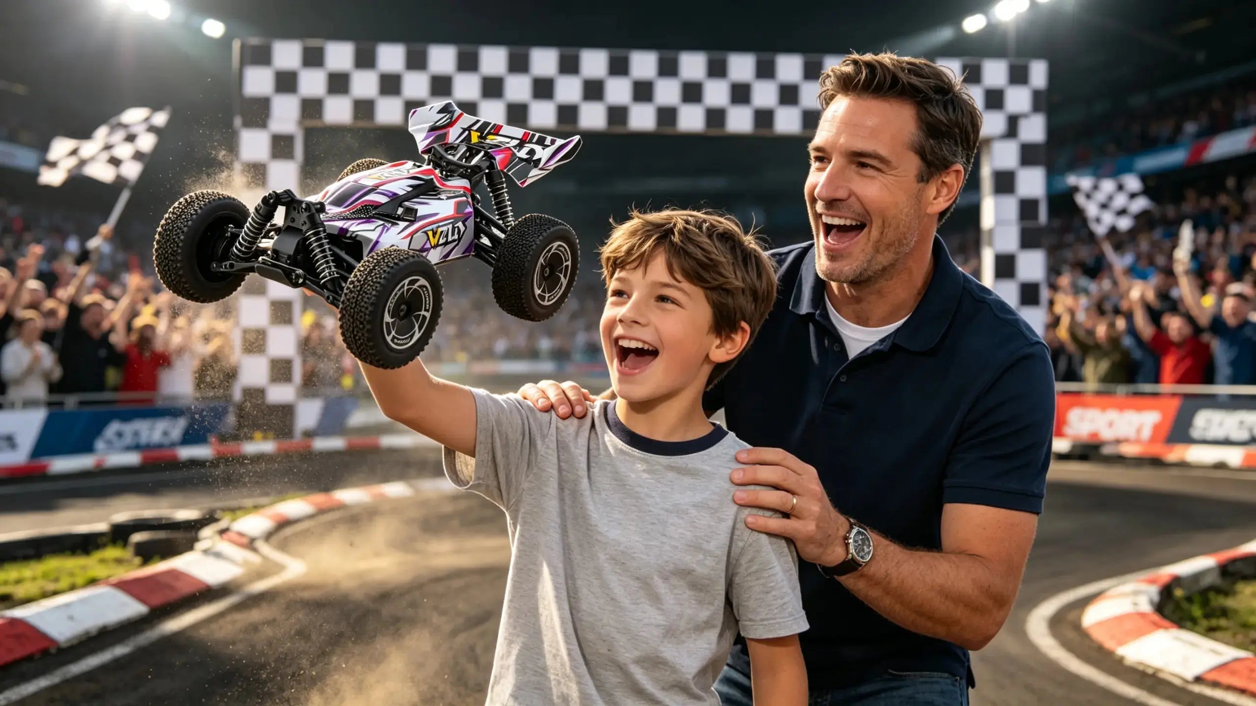A father and son at a race track, with the young boy excitedly holding an RC car above his head, both smiling joyfully.