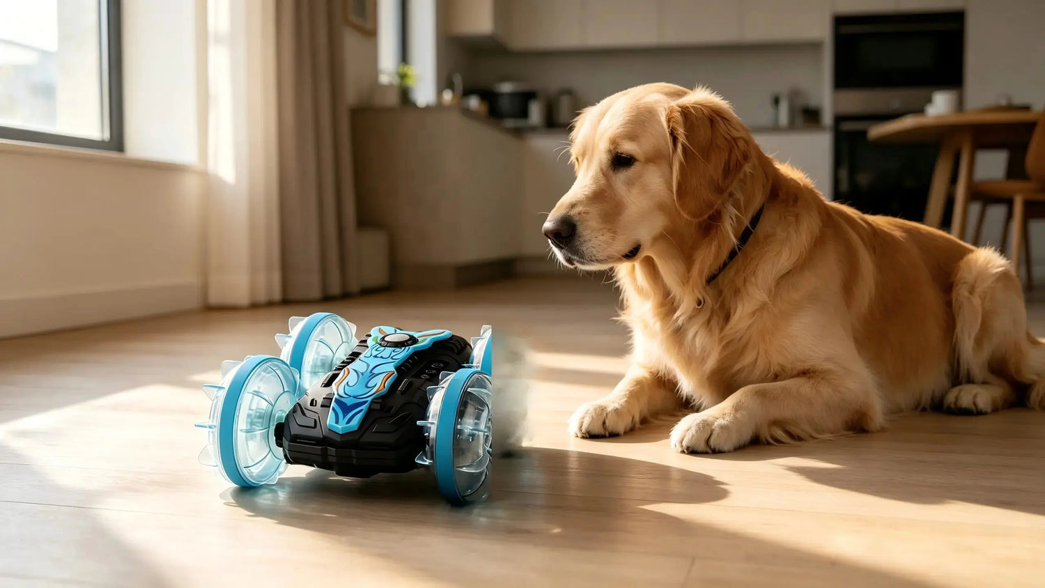 A friendly golden retriever safely interacts with a pet-friendly remote control car inside a cozy family home.