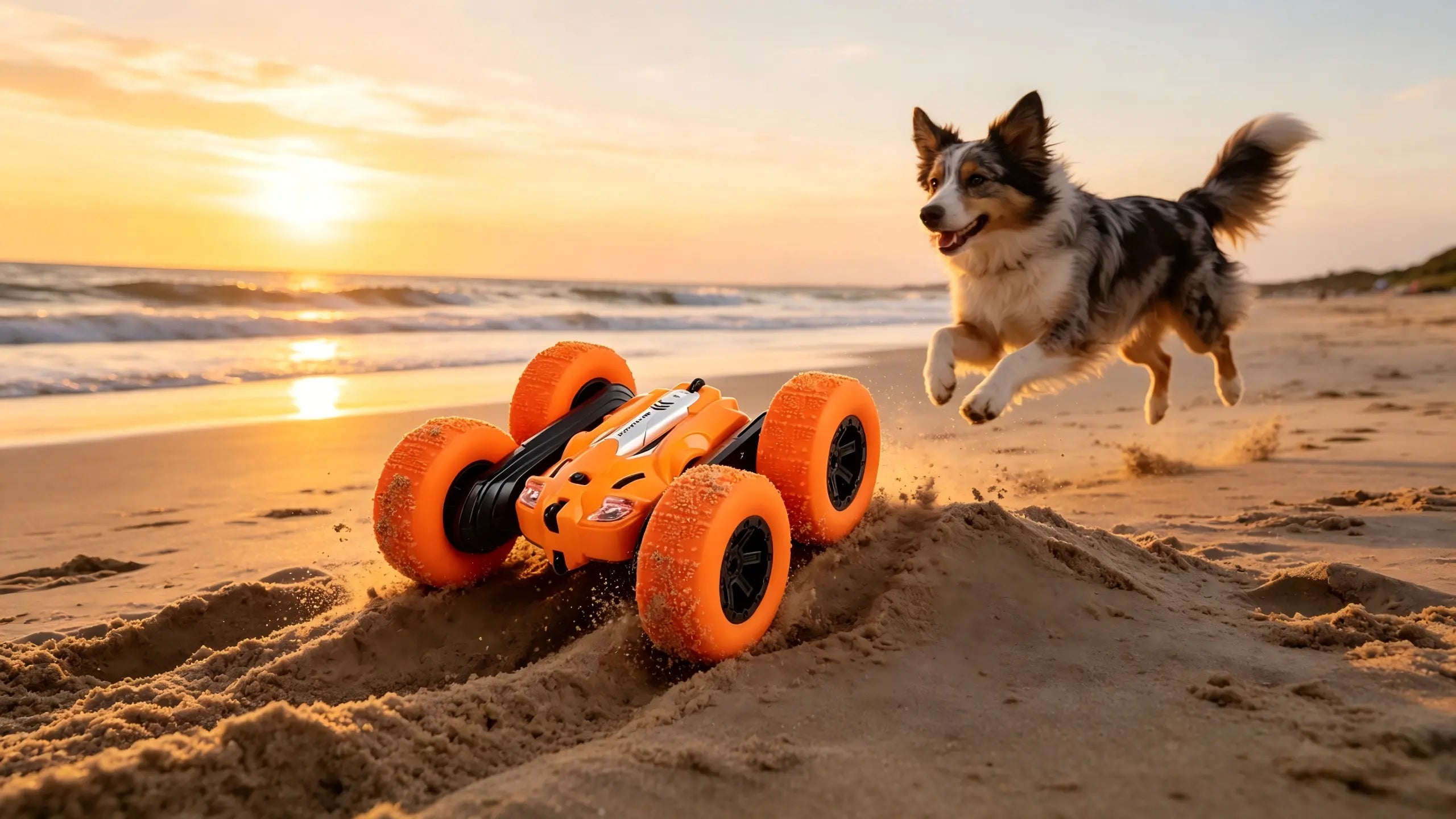 Pet-Friendly RC Cars on the Beach: A Small Dog Chases an Orange Toy Car During Sunset.