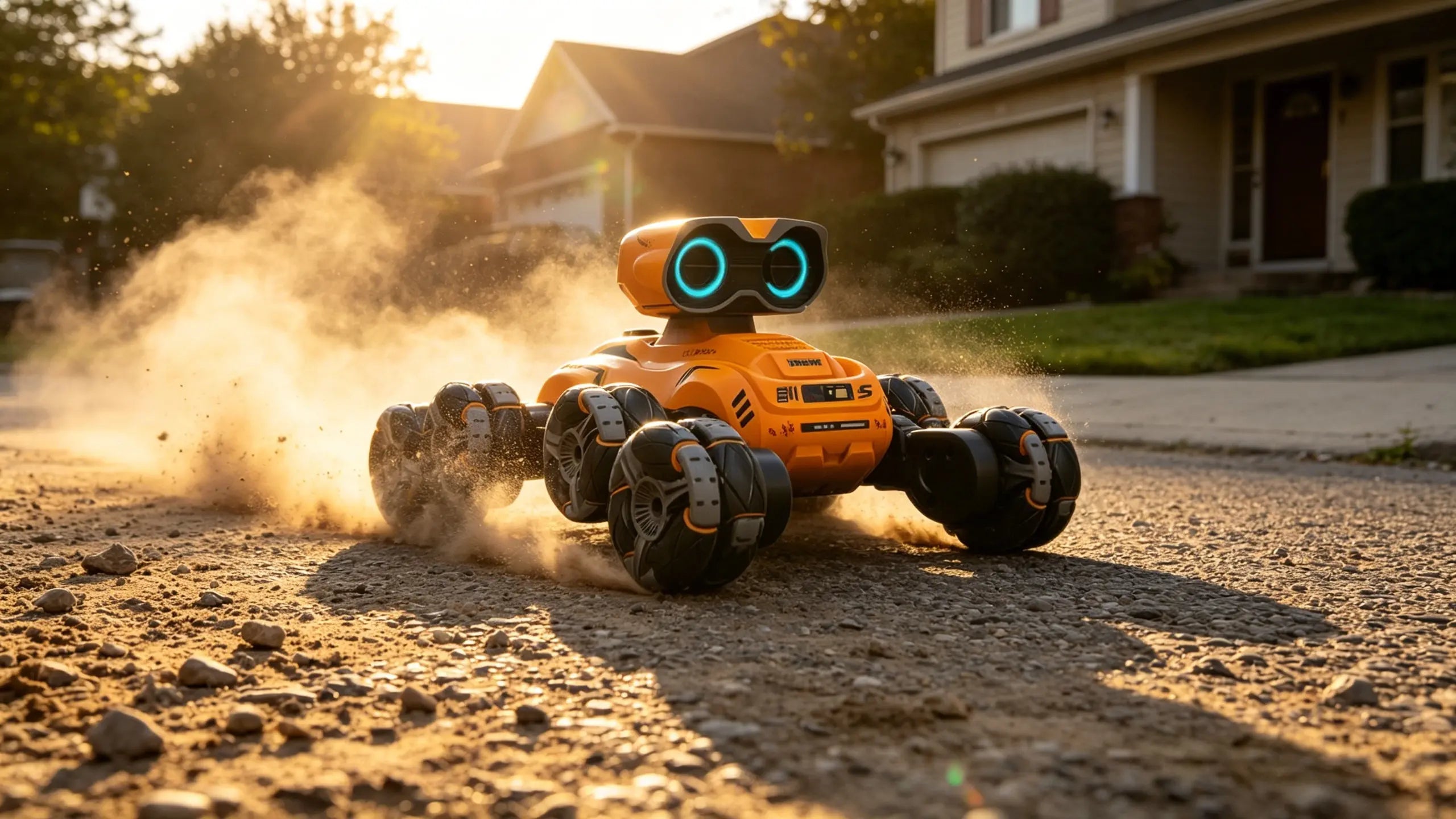 A vibrant orange RC Stunt Car performs a dynamic stunt, kicking up dust on a residential street and showcasing the power of its six-wheel drive.